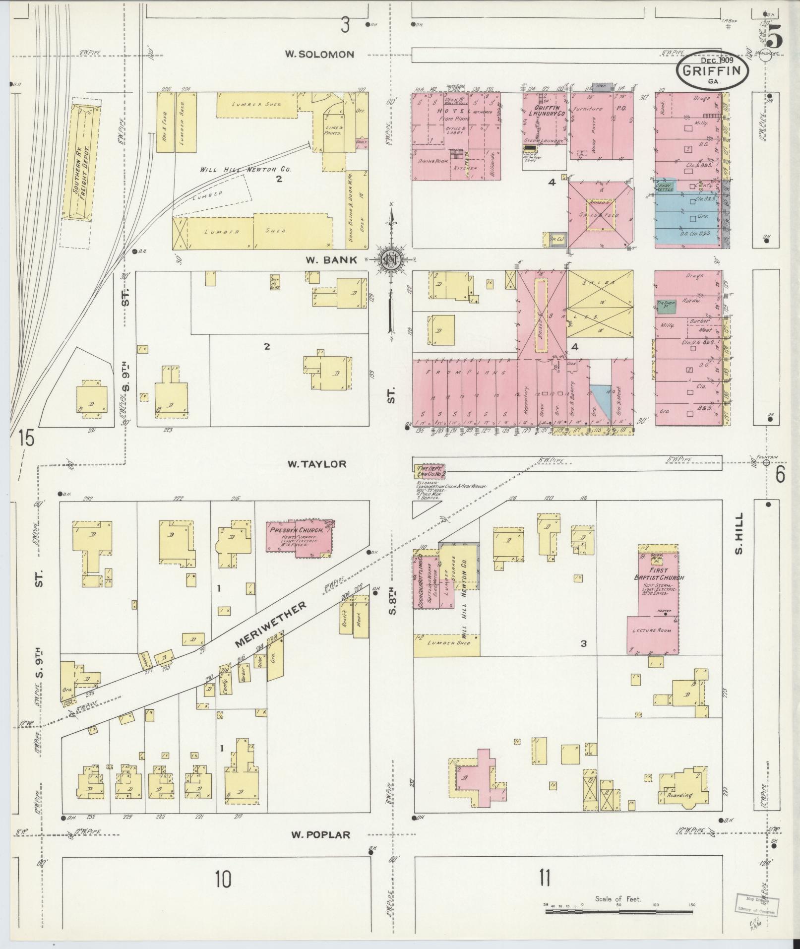 Sanborn Fire Insurance Map from Griffin, Spalding County, Georgia (1909), Sheet #0005 - Complete Map Set gallery image, historic Sanborn map, vintage wall art, Georgia Georgia