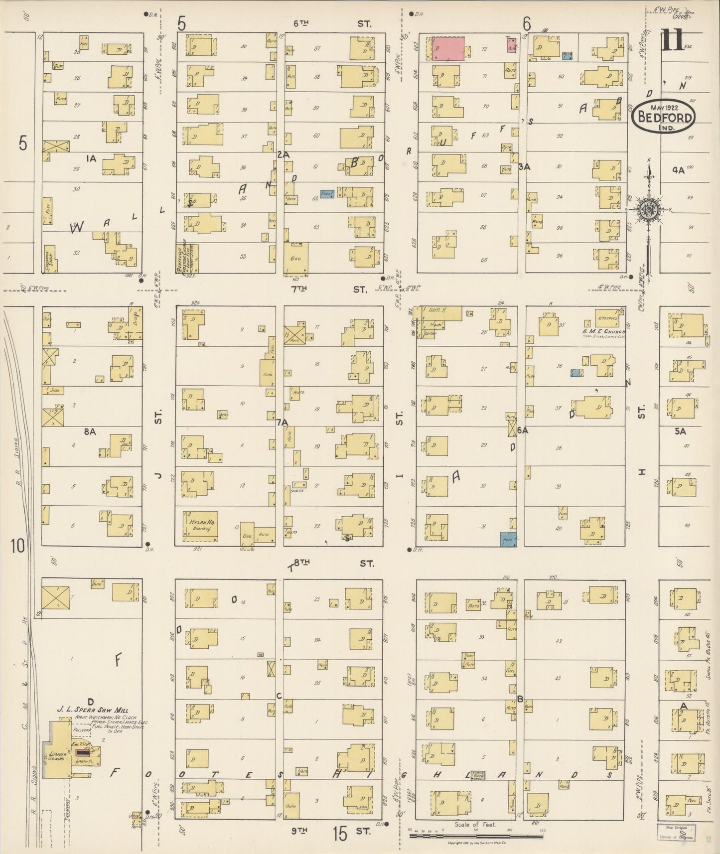 Sanborn Fire Insurance Map from Bedford, Lawrence County, Indiana (1922), Sheet #0011 - Historic Sanborn Fire Insurance Map Print, vintage old map wall art, antique decor, genealogy gift, Indiana Indiana map