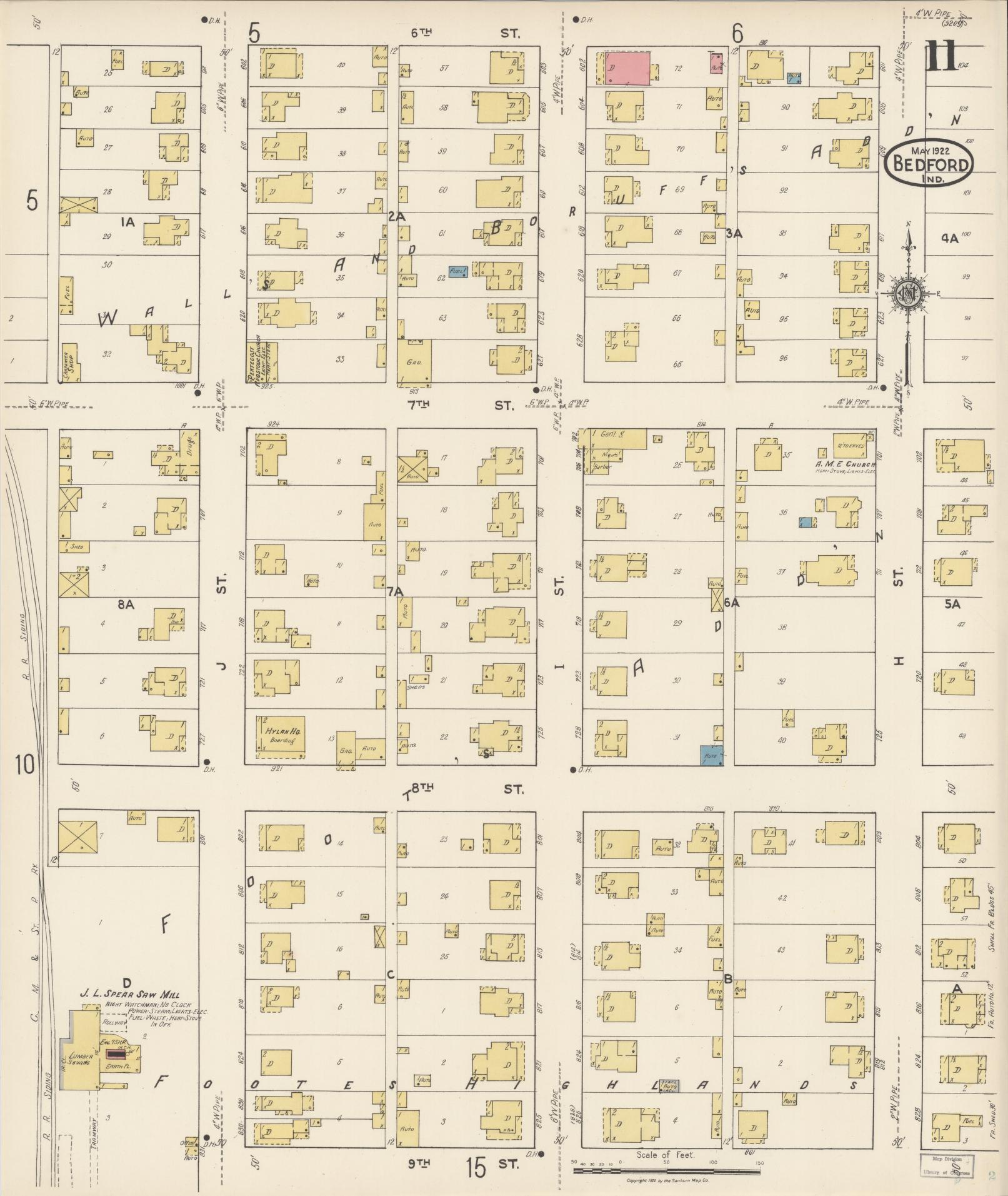 Sanborn Fire Insurance Map from Bedford, Lawrence County, Indiana (1922), Sheet #0011 - Historic Sanborn Fire Insurance Map Print, vintage old map wall art, antique decor, genealogy gift, Indiana Indiana map