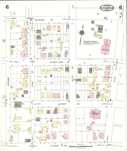 Sanborn Fire Insurance Map from Albuquerque, Bernalillo County, New Mexico (1924), Sheet #0006 - Historic Sanborn Fire Insurance Map Print, vintage old map wall art, antique decor, genealogy gift, New Mexico New Mexico map