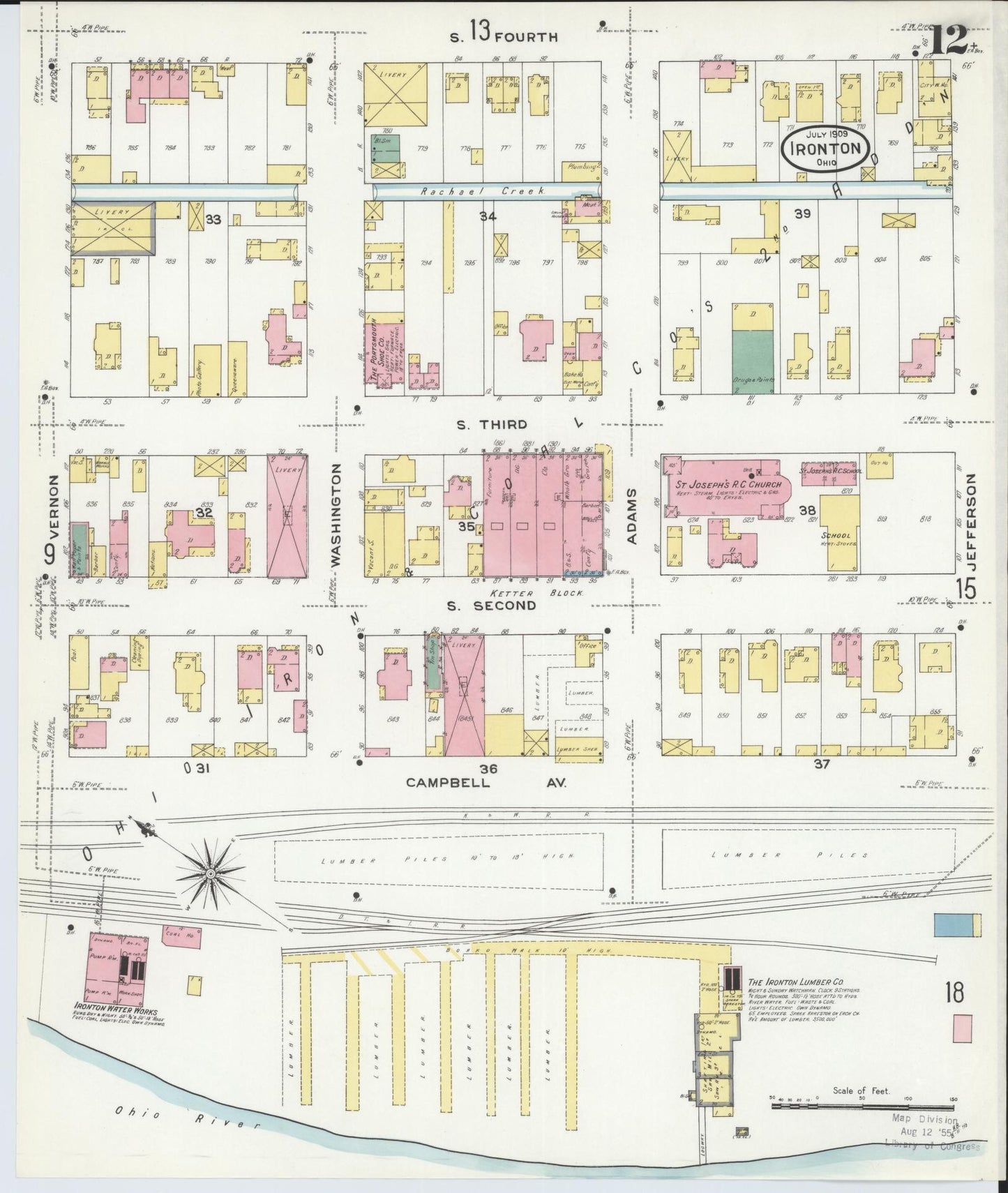 Sanborn Fire Insurance Map from Ironton, Lawrence County, Ohio (1909), Sheet #0012 - Historic Sanborn Fire Insurance Map Print, vintage old map wall art, antique decor, genealogy gift, Ohio Ohio map