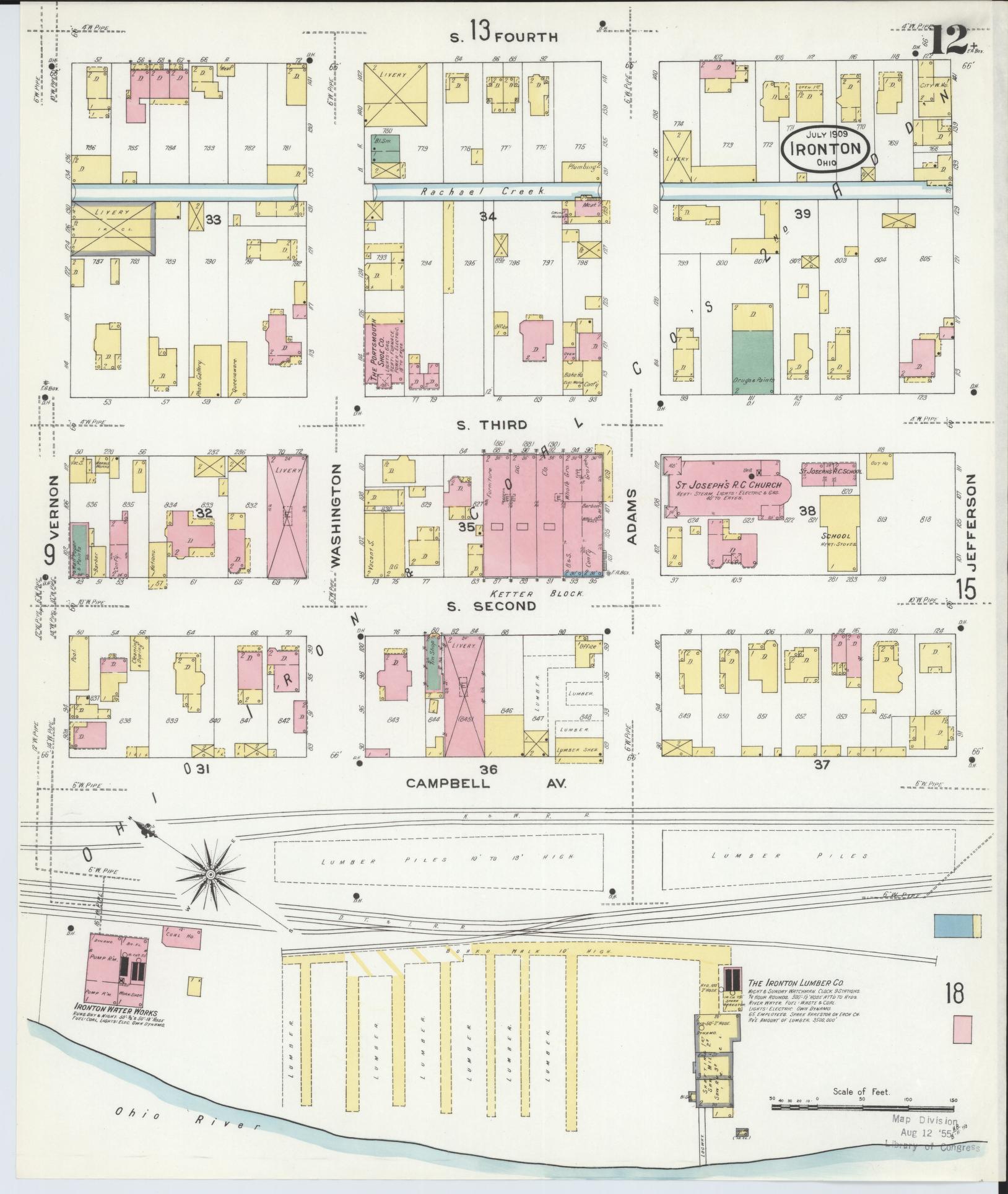 Sanborn Fire Insurance Map from Ironton, Lawrence County, Ohio (1909), Sheet #0012 - Historic Sanborn Fire Insurance Map Print, vintage old map wall art, antique decor, genealogy gift, Ohio Ohio map