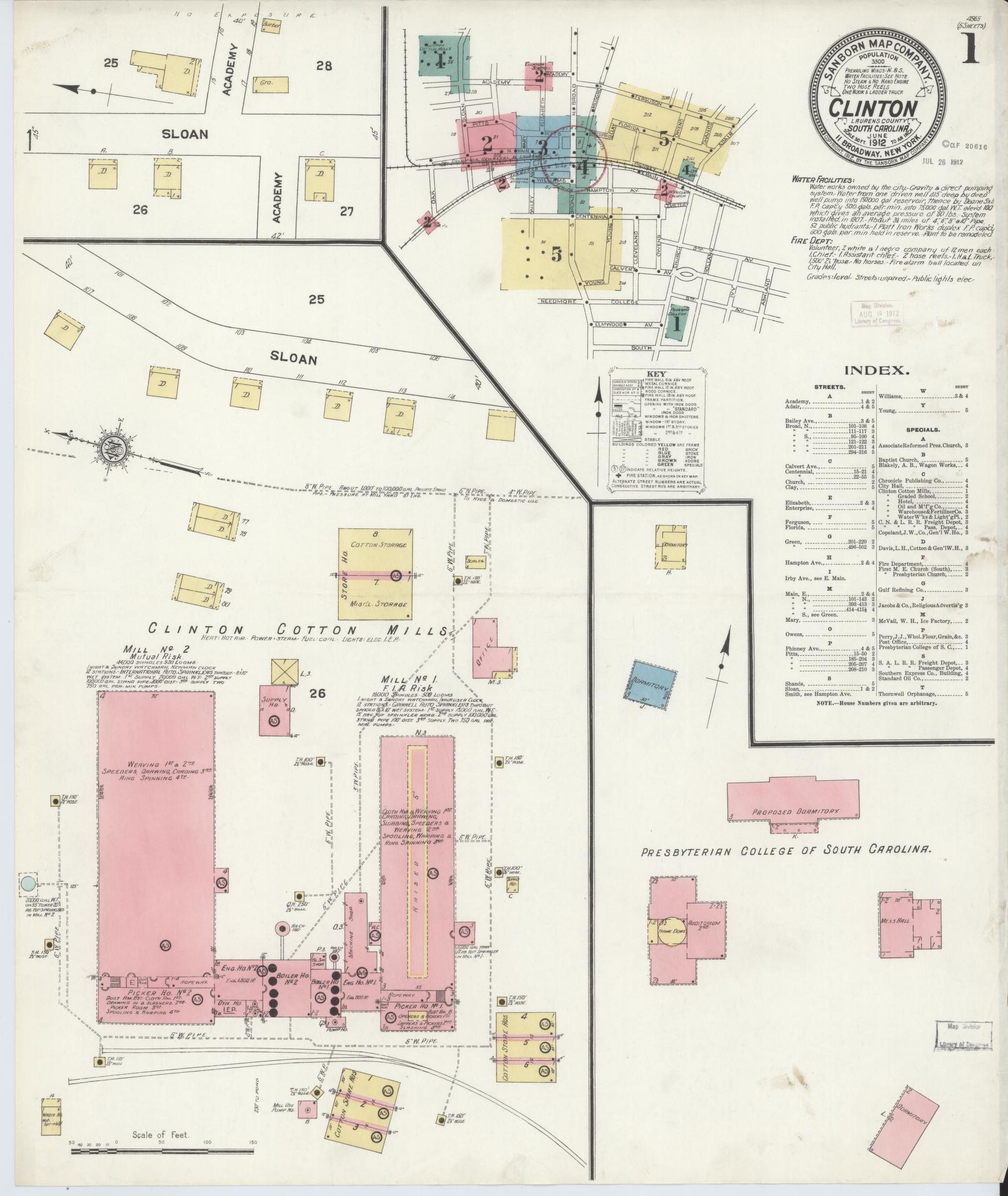 Sanborn Fire Insurance Map from Clinton, Laurens County, South Carolina (1912), Sheet #0001 - Complete Map Set gallery image, historic Sanborn map, vintage wall art, South Carolina South Carolina