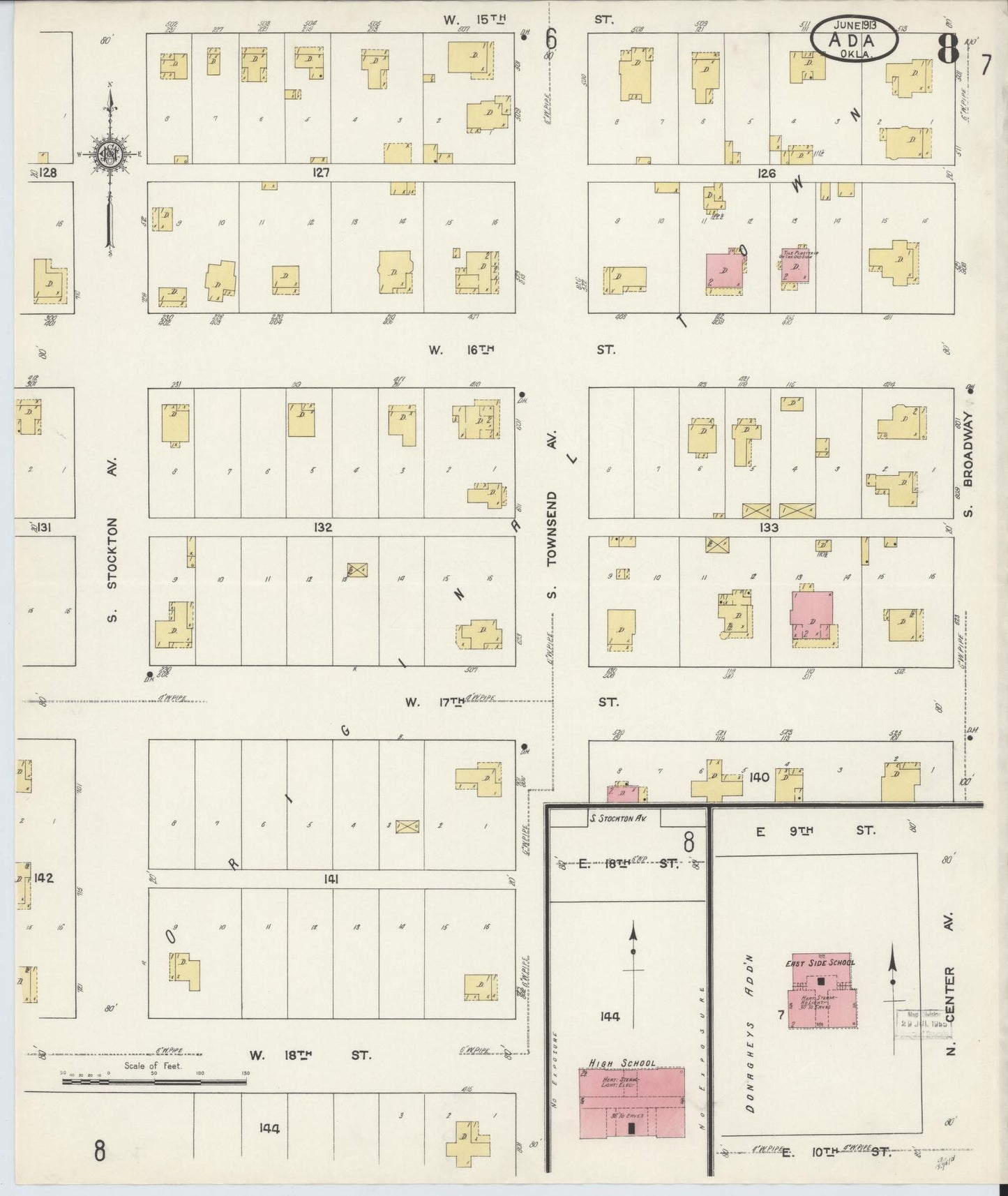 Sanborn Fire Insurance Map from Ada, Pontotoc County, Oklahoma (1913), Sheet #0008 - Historic Sanborn Fire Insurance Map Print, vintage old map wall art, antique decor, genealogy gift, Oklahoma Oklahoma map