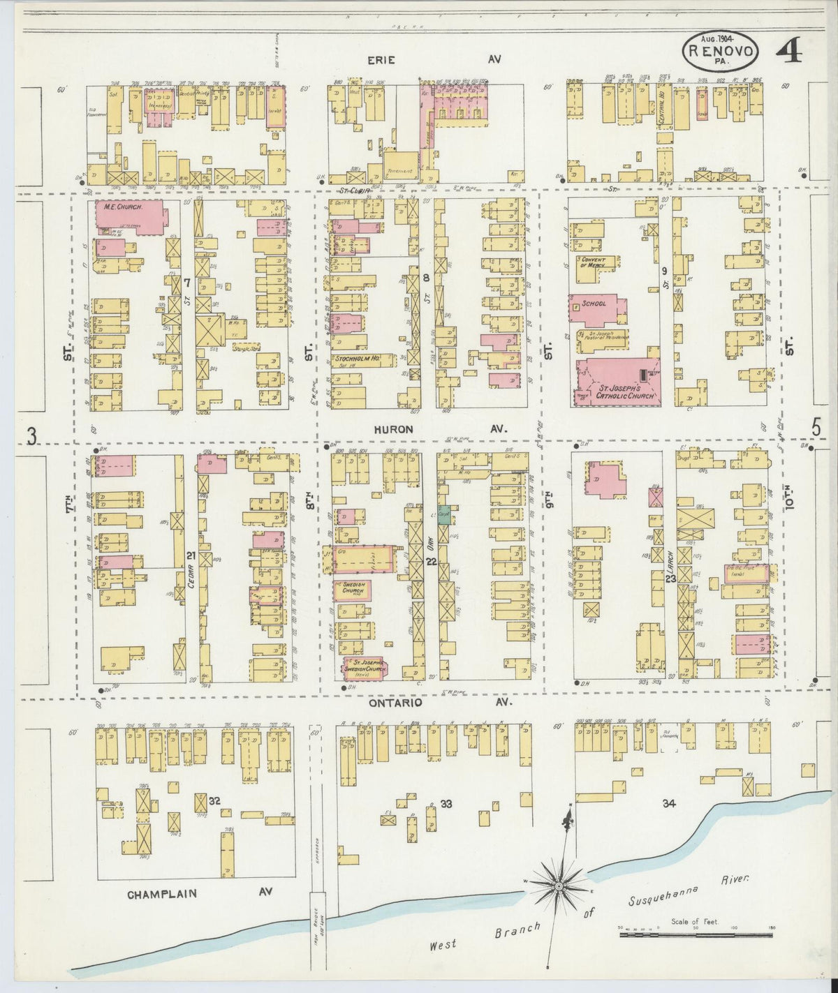 Sanborn Fire Insurance Map from Renovo, Clinton County, Pennsylvania (1904), Sheet #0004 - Historic Sanborn Fire Insurance Map Print, vintage old map wall art, antique decor, genealogy gift, Pennsylvania Pennsylvania map