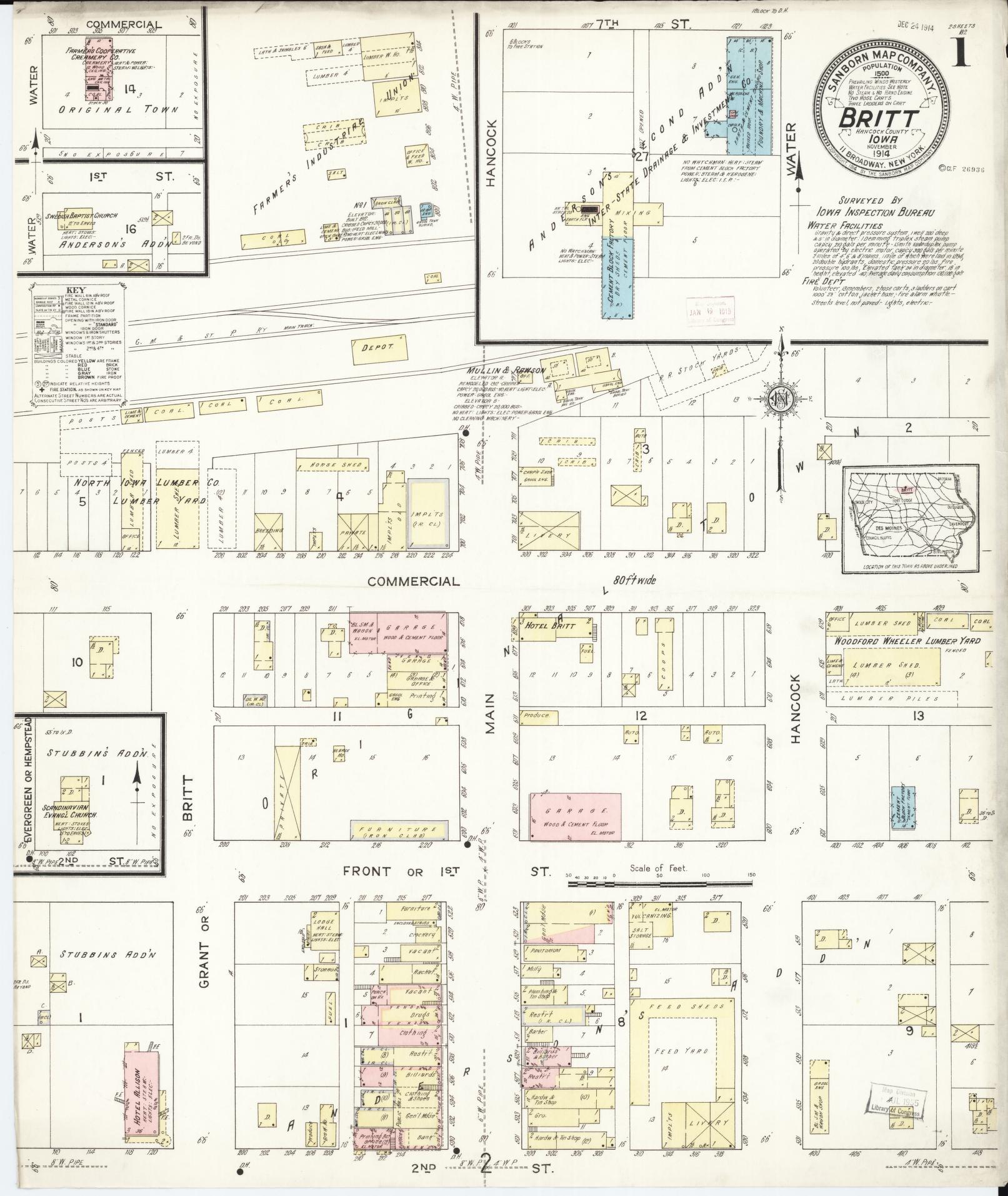 Sanborn Fire Insurance Map from Britt, Hancock County, Iowa (1914), Sheet #0001 - Historic Sanborn Fire Insurance Map Print, vintage old map wall art