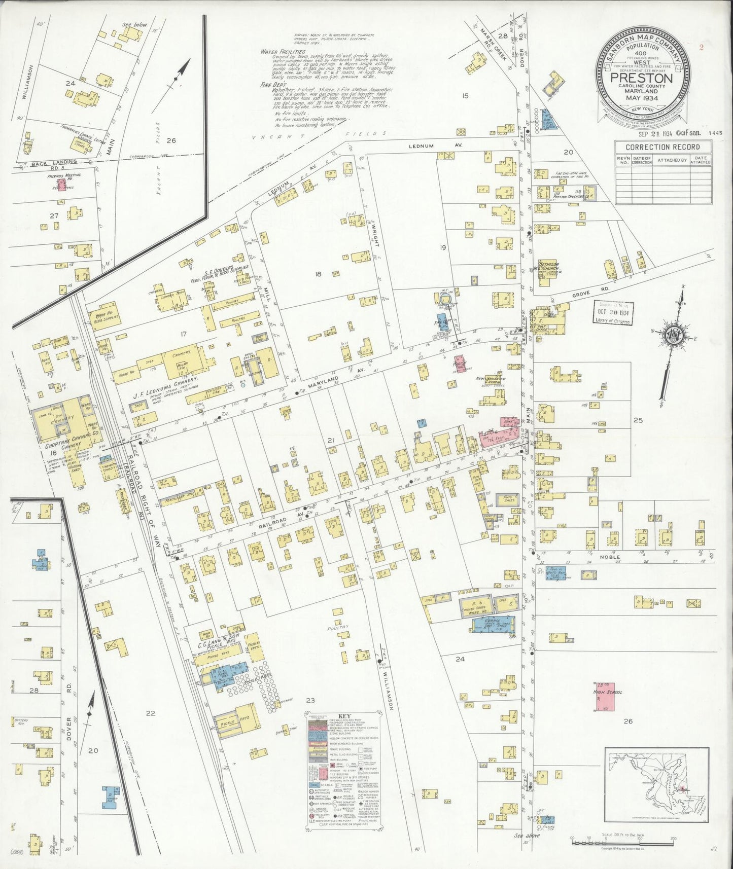 Sanborn Fire Insurance Map from Preston, Caroline County, Maryland (1934), Sheet #0001 - Historic Sanborn Fire Insurance Map Print, vintage old map wall art, antique decor, genealogy gift, Maryland Maryland map