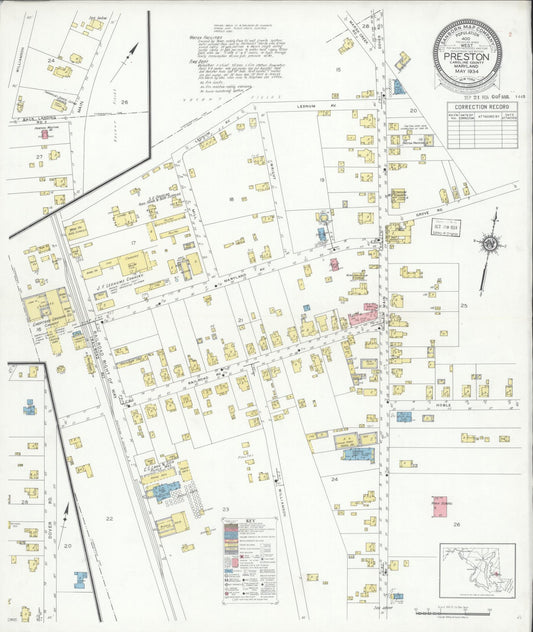 Sanborn Fire Insurance Map from Preston, Caroline County, Maryland (1934), Sheet #0001 - Historic Sanborn Fire Insurance Map Print, vintage old map wall art, antique decor, genealogy gift, Maryland Maryland map