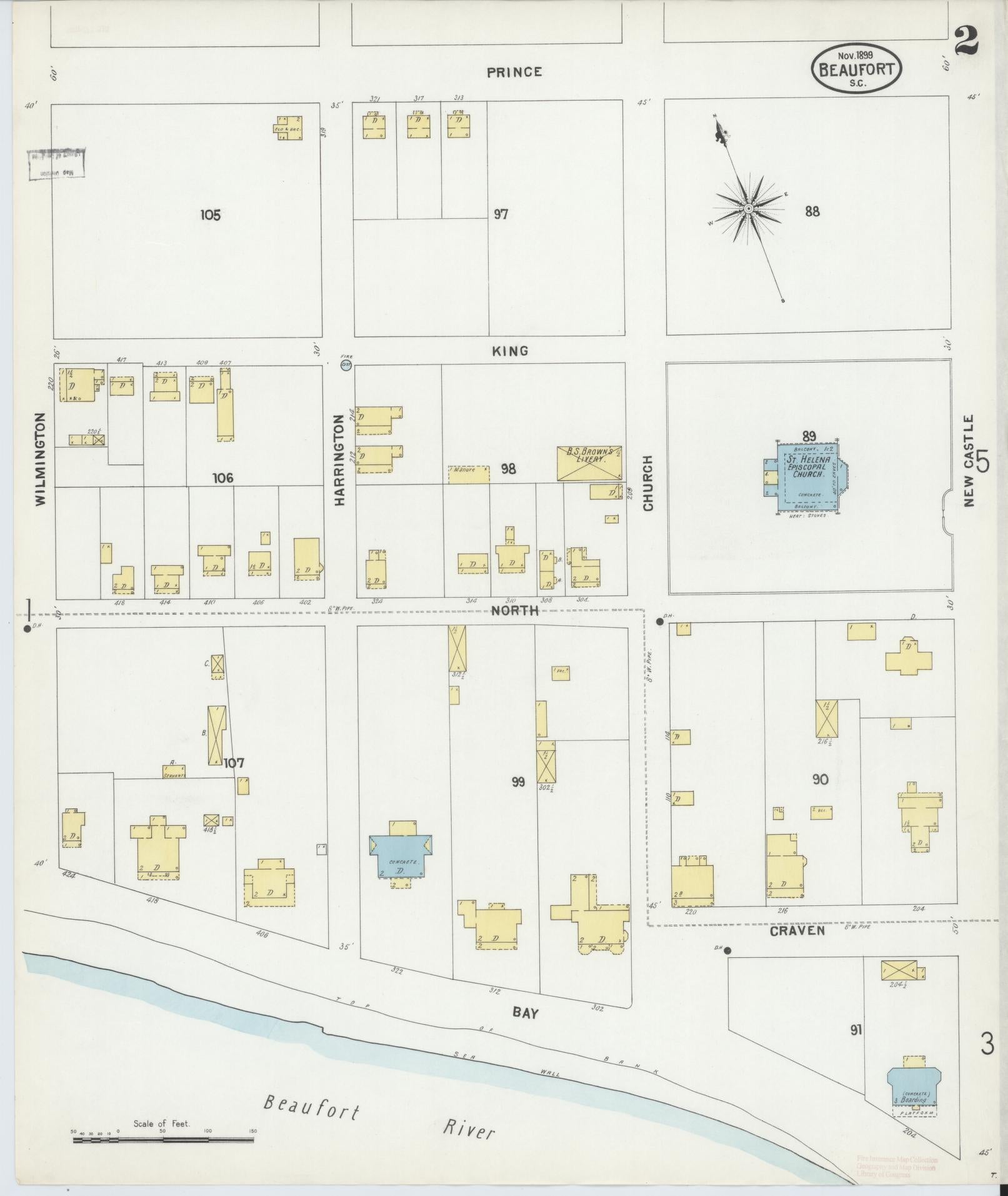 Sanborn Fire Insurance Map from Beaufort, Beaufort County, South Carolina (1899), Sheet #0002 - Complete Map Set gallery image, historic Sanborn map, vintage wall art, South Carolina South Carolina
