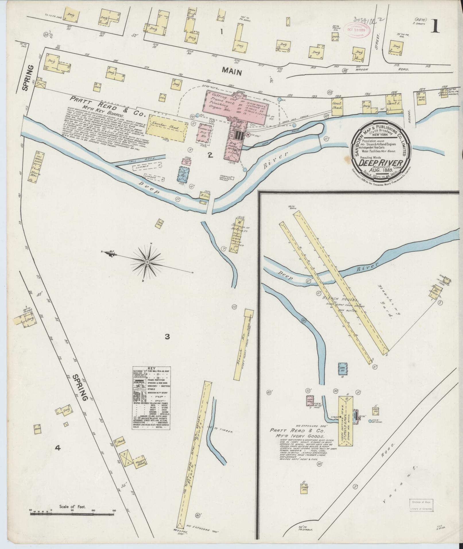 Sanborn Fire Insurance Map from Deep River, Middlesex County, Connecticut (1889), Sheet #0001 - Historic Sanborn Fire Insurance Map Print, vintage old map wall art, antique decor, genealogy gift, Connecticut Connecticut map