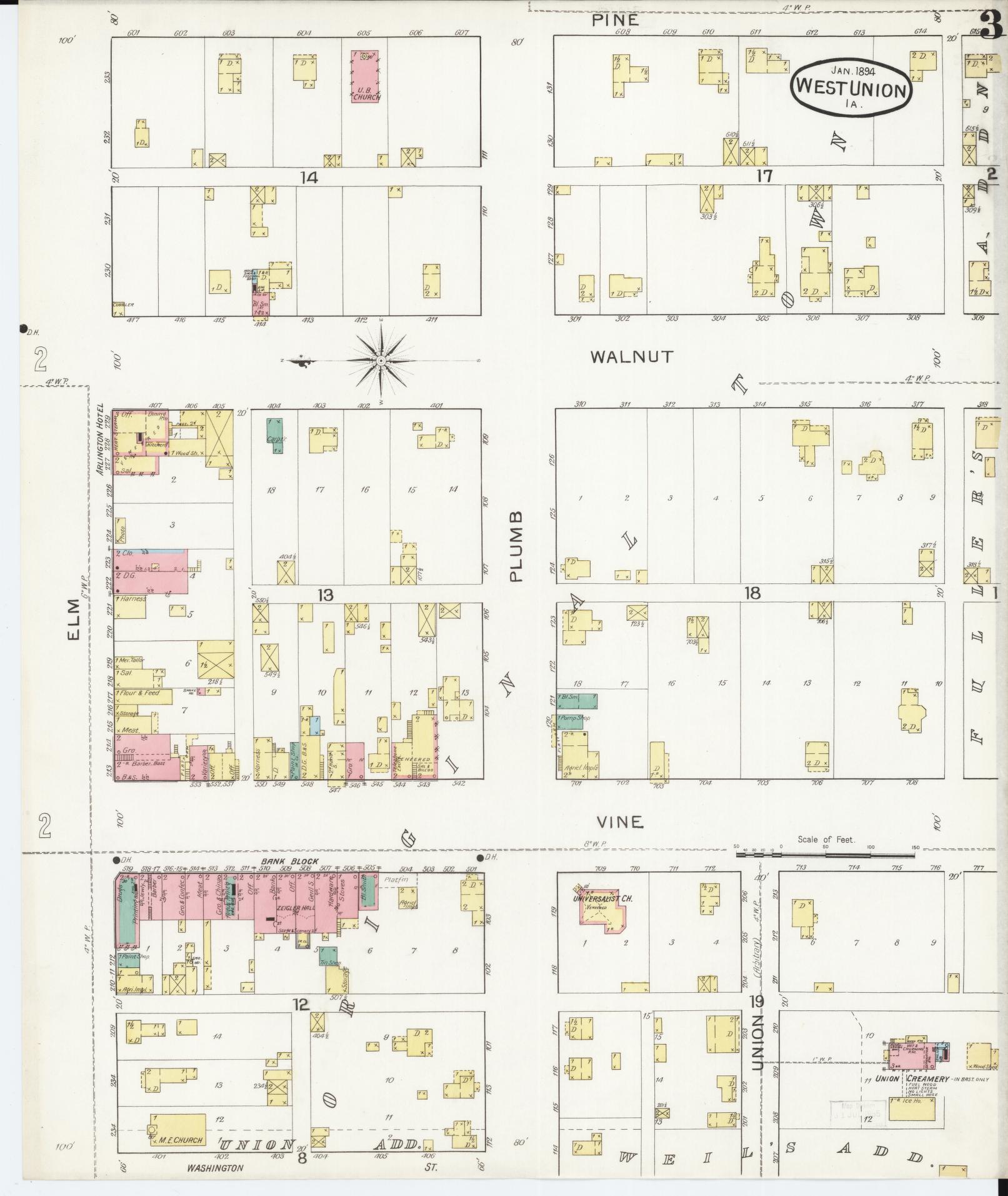 Sanborn Fire Insurance Map from West Union, Fayette County, Iowa (1894), Sheet #0003 - Historic Sanborn Fire Insurance Map Print, vintage old map wall art