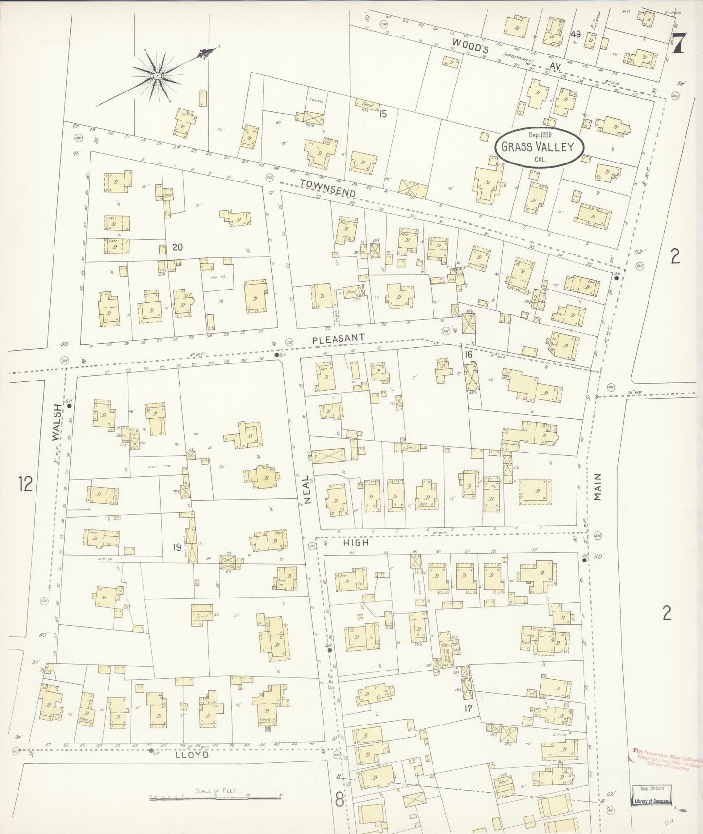 Sanborn Fire Insurance Map from Grass Valley, Nevada County, California (1898), Sheet #0007 - Historic Sanborn Fire Insurance Map Print, vintage old map wall art, antique decor, genealogy gift, Grass Valley Nevada map