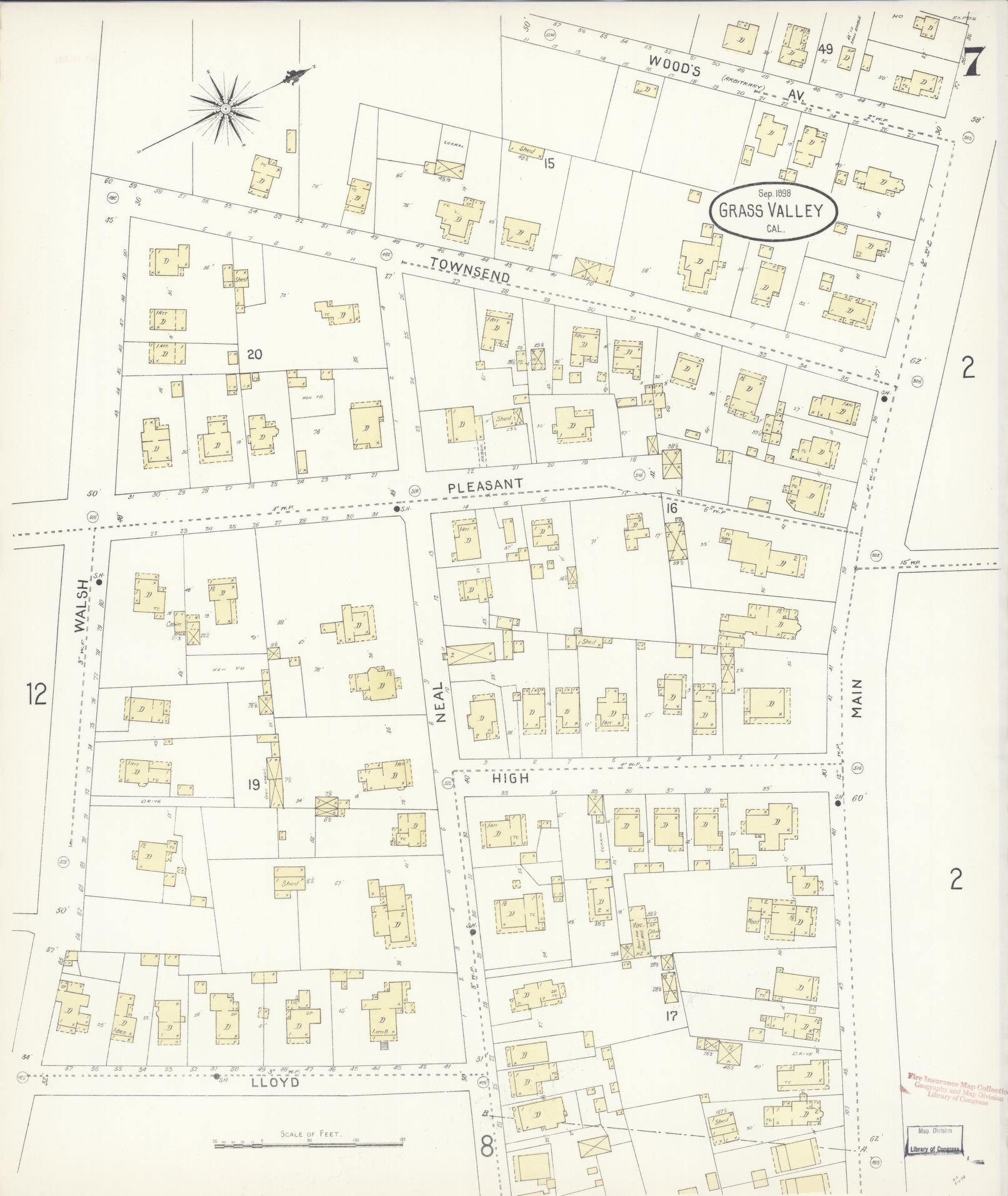 Sanborn Fire Insurance Map from Grass Valley, Nevada County, California (1898), Sheet #0007 - Historic Sanborn Fire Insurance Map Print, vintage old map wall art, antique decor, genealogy gift, Grass Valley Nevada map