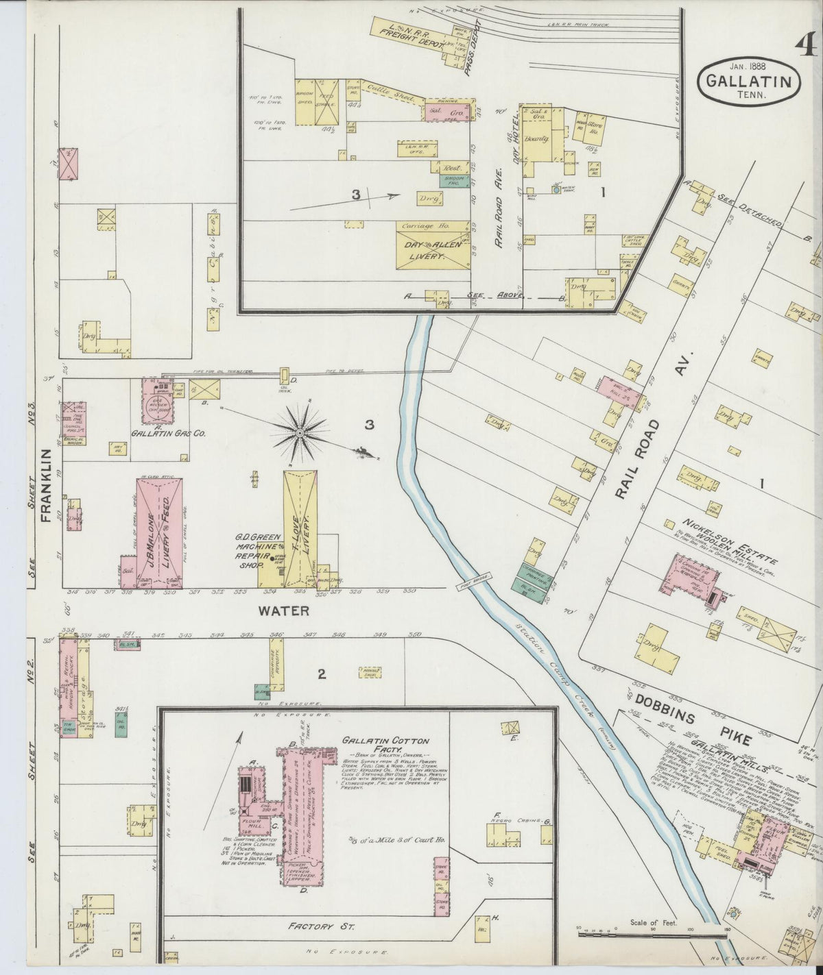 Sanborn Fire Insurance Map from Gallatin, Sumner County, Tennessee (1888), Sheet #0004 - Complete Map Set gallery image, historic Sanborn map, vintage wall art, Tennessee Tennessee