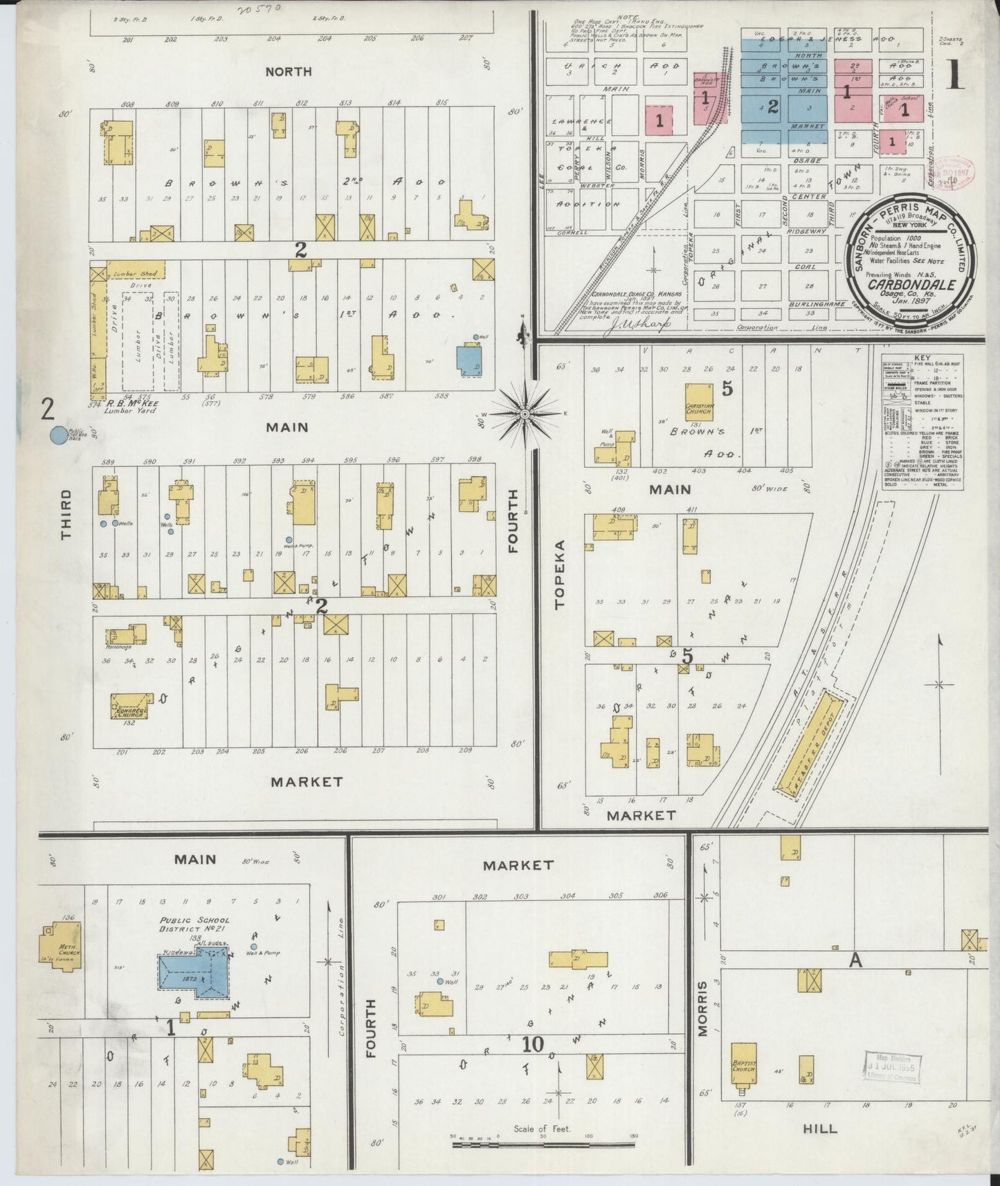 Sanborn Fire Insurance Map from Carbondale, Osage County, Kansas (1897), Sheet #0001 - Historic Sanborn Fire Insurance Map Print, vintage old map wall art, antique decor, genealogy gift, Kansas Kansas map
