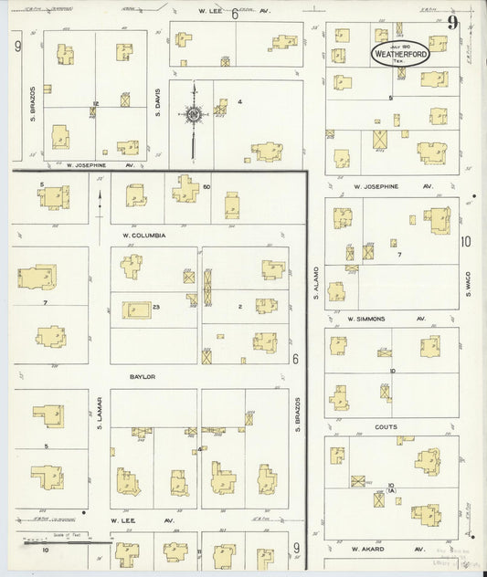 Sanborn Fire Insurance Map from Weatherford, Parker County, Texas (1910), Sheet #0009 - Historic Sanborn Fire Insurance Map Print, vintage old map wall art, antique decor, genealogy gift, Texas Texas map