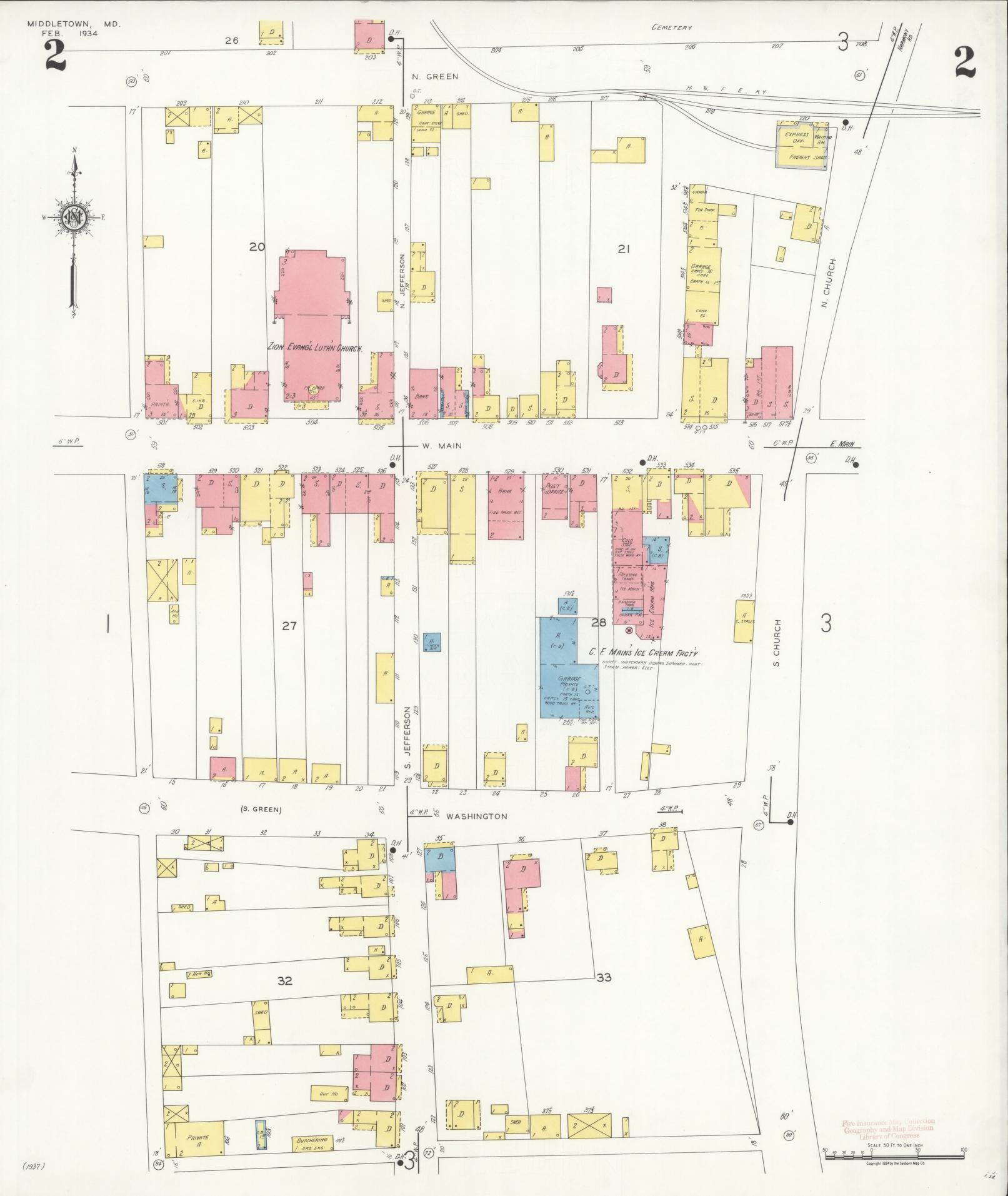 Sanborn Fire Insurance Map from Middletown, Frederick County, Maryland (1934), Sheet #0002 - Historic Sanborn Fire Insurance Map Print, vintage old map wall art