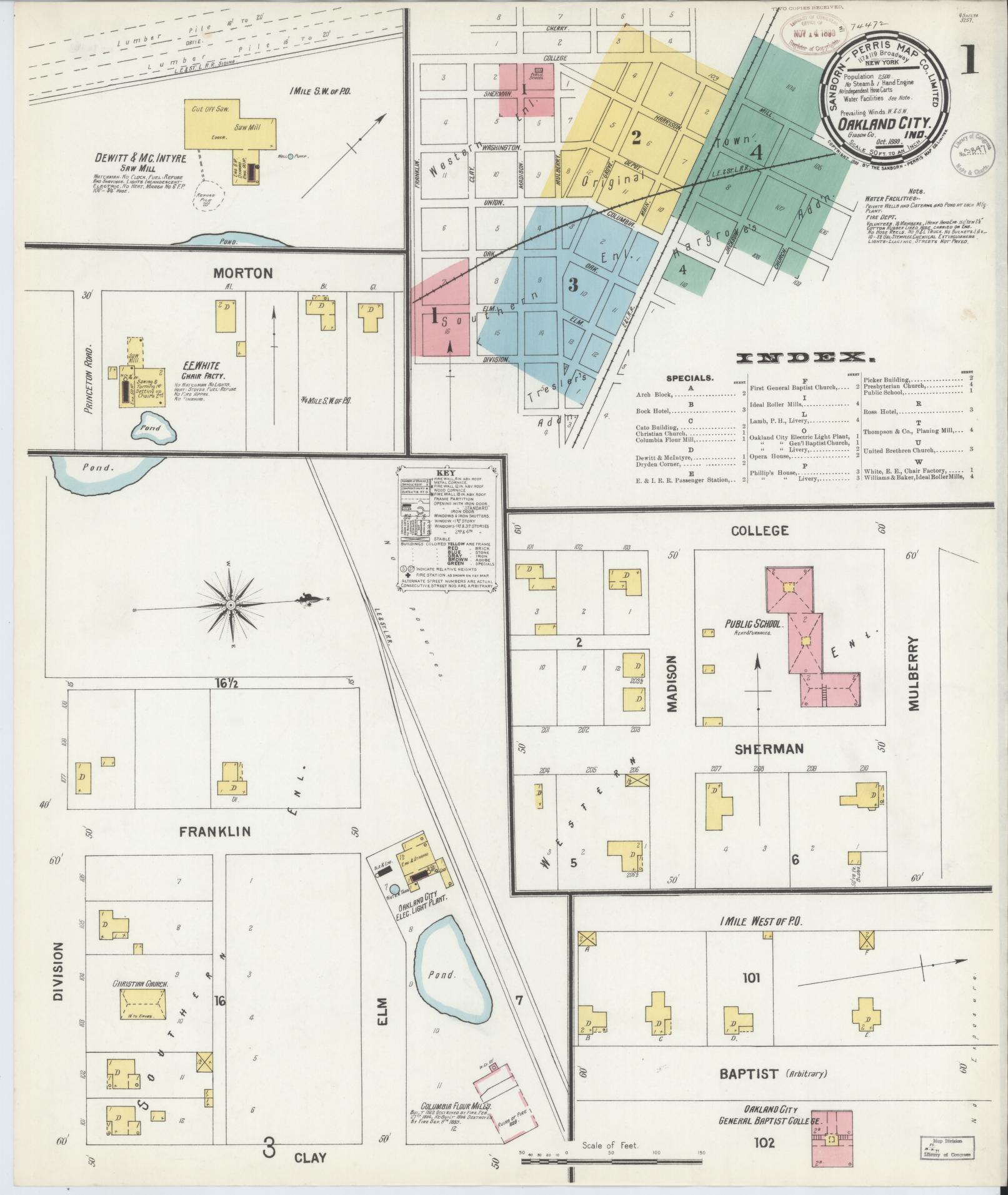 Sanborn Fire Insurance Map from Oakland City, Gibson County, Indiana (1899), Sheet #0001 - Complete Map Set gallery image, historic Sanborn map, vintage wall art, Indiana Indiana