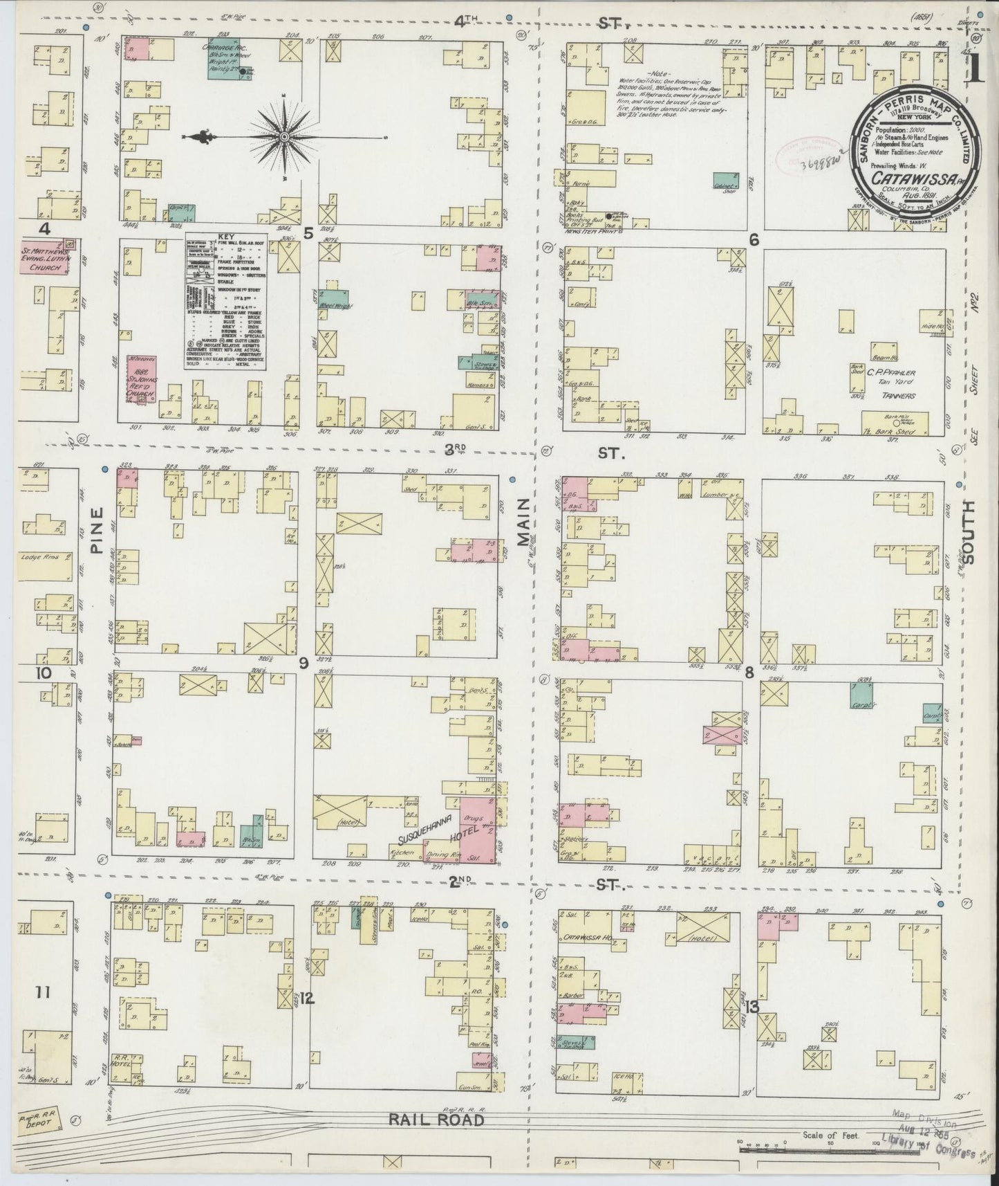 Sanborn Fire Insurance Map from Catawissa, Columbia County, Pennsylvania (1891), Sheet #0001 - Historic Sanborn Fire Insurance Map Print, vintage old map wall art, antique decor, genealogy gift, Pennsylvania Pennsylvania map