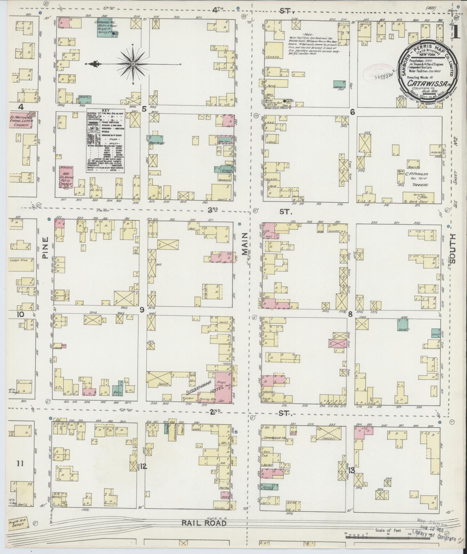 Sanborn Fire Insurance Map from Catawissa, Columbia County, Pennsylvania (1891), Sheet #0001 - Historic Sanborn Fire Insurance Map Print, vintage old map wall art, antique decor, genealogy gift, Pennsylvania Pennsylvania map