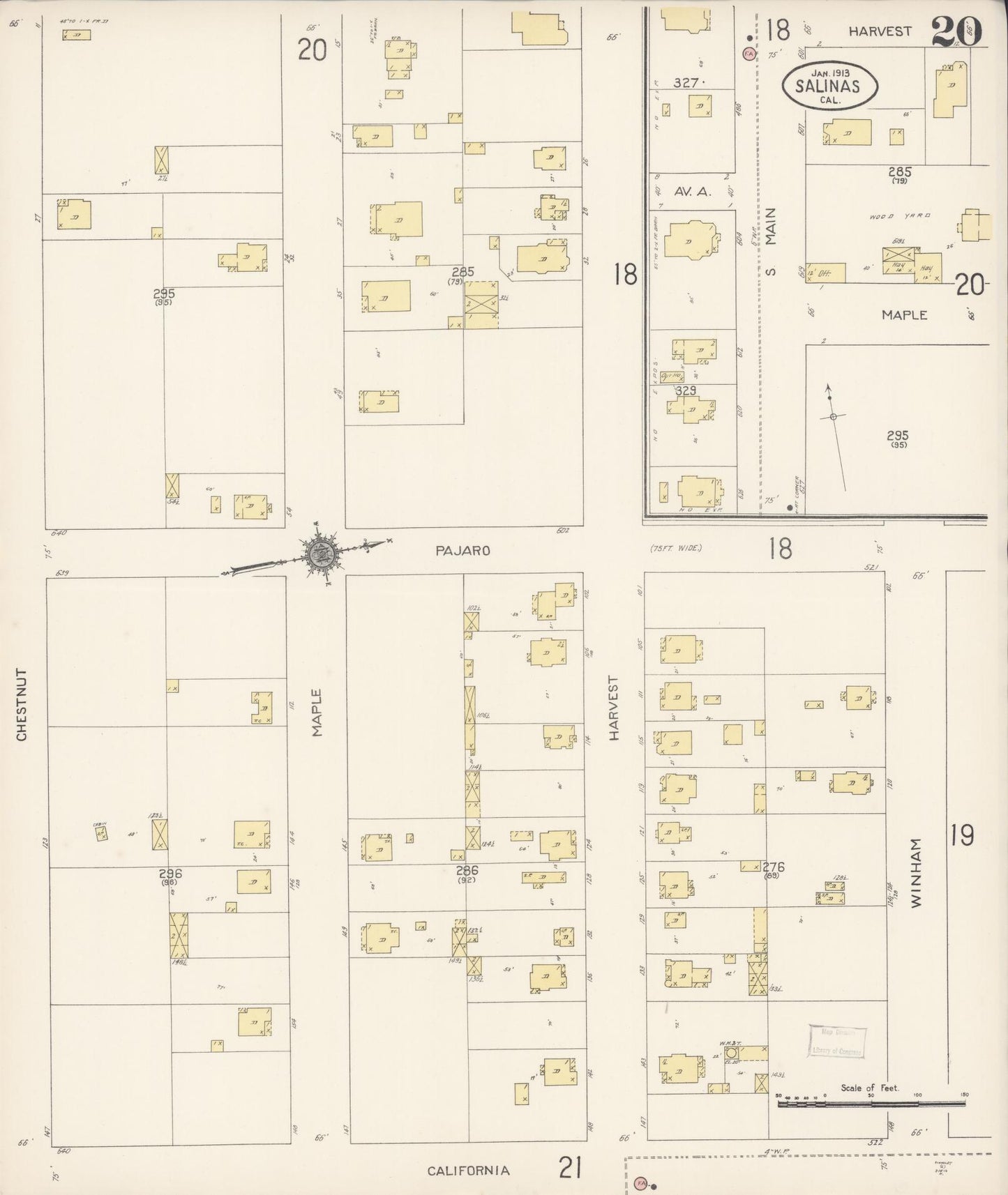 Sanborn Fire Insurance Map from Salinas, Monterey County, California (1913), Sheet #0020 - Complete Map Set gallery image, historic Sanborn map, vintage wall art, California California