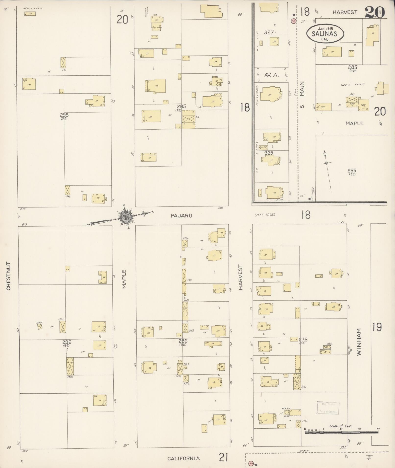 Sanborn Fire Insurance Map from Salinas, Monterey County, California (1913), Sheet #0020 - Complete Map Set gallery image, historic Sanborn map, vintage wall art, California California
