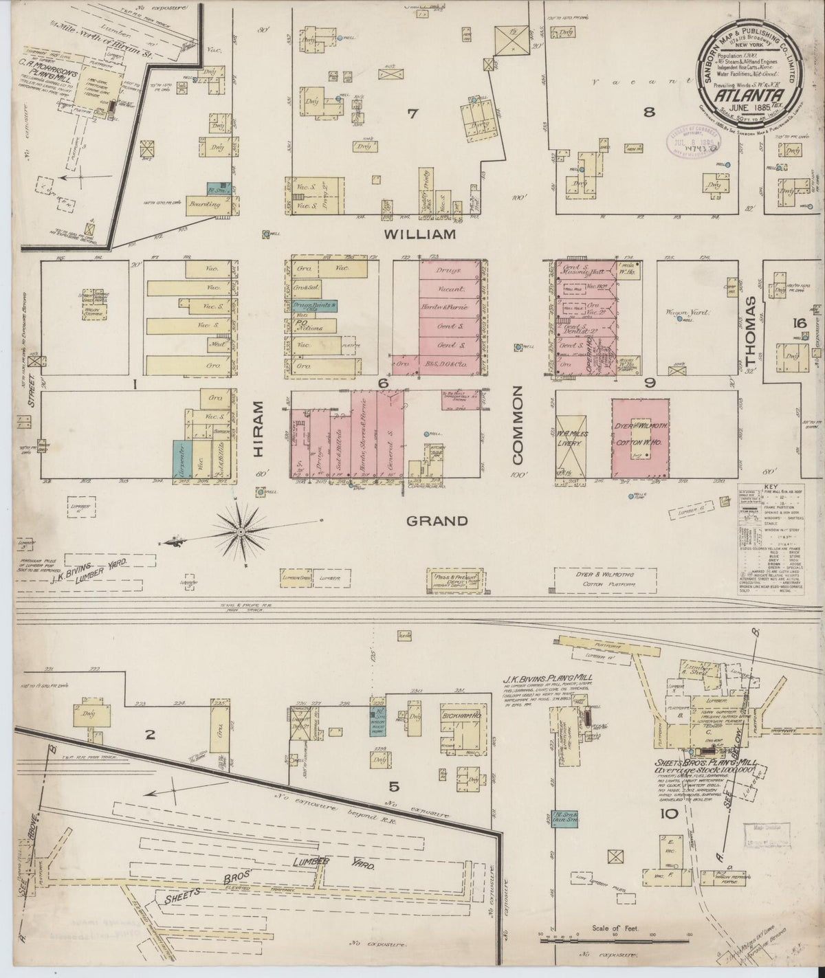 Sanborn Fire Insurance Map from Atlanta, Cass County, Texas (1885), Sheet #0001 - Historic Sanborn Fire Insurance Map Print, vintage old map wall art, antique decor, genealogy gift, Texas Texas map