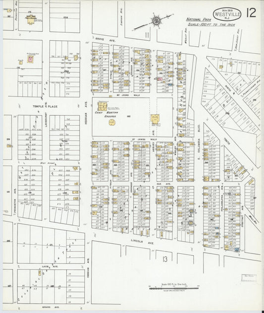 Sanborn Fire Insurance Map from Westville, Gloucester County, New Jersey (1919), Sheet #0012 - Historic Sanborn Fire Insurance Map Print, vintage old map wall art, antique decor, genealogy gift, New Jersey New Jersey map