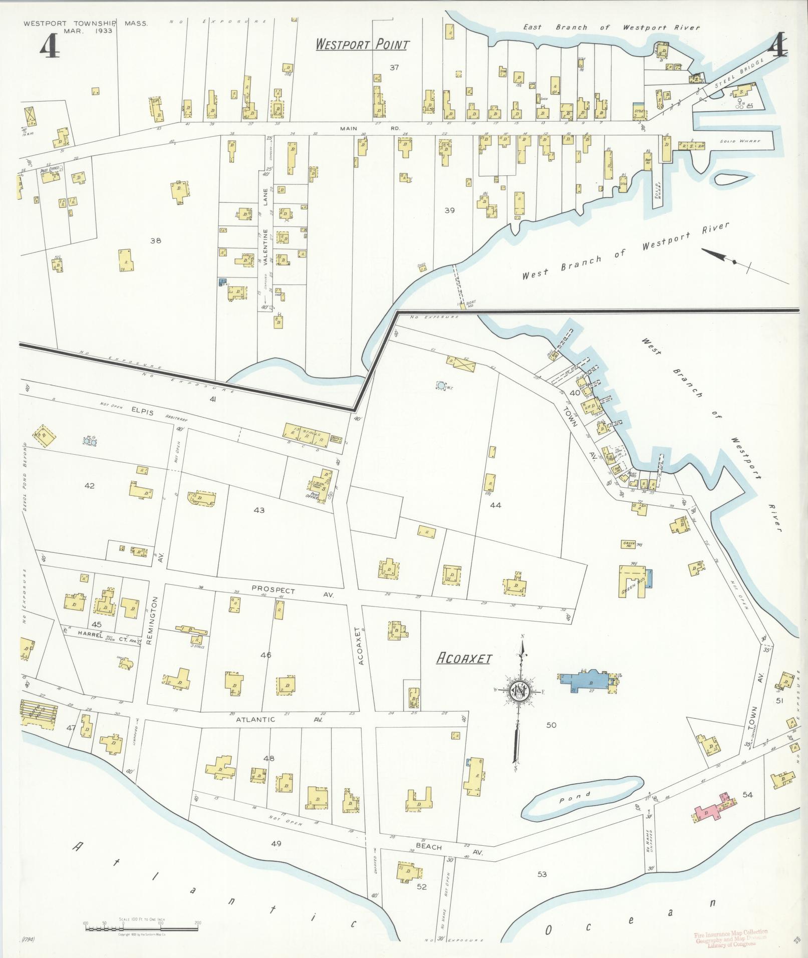 Sanborn Fire Insurance Map from Westport Township, Bristol County, Massachusetts (1933), Sheet #0004 - Historic Sanborn Fire Insurance Map Print, vintage old map wall art, antique decor, genealogy gift, Massachusetts Massachusetts map