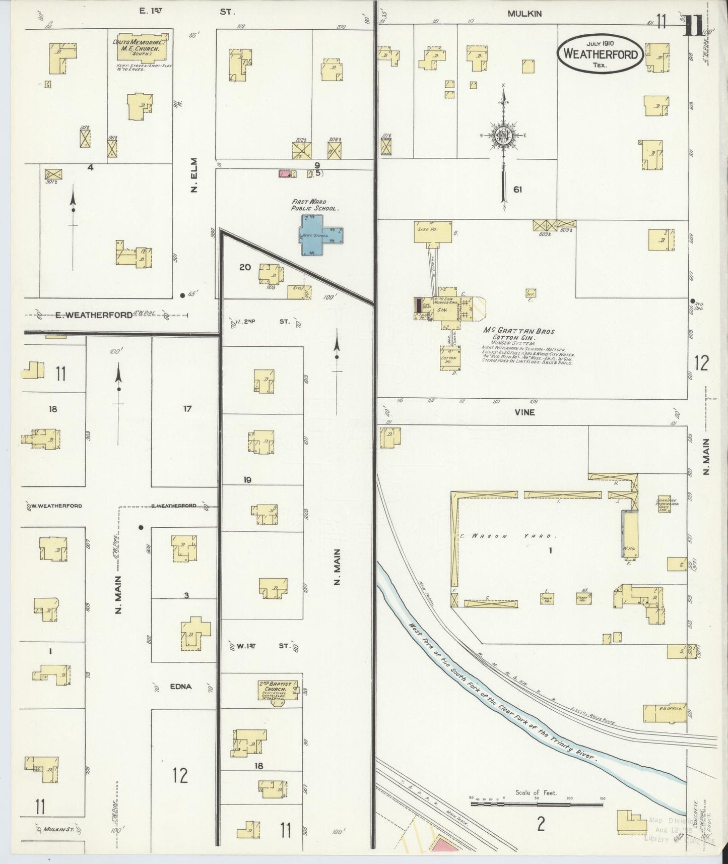 Sanborn Fire Insurance Map from Weatherford, Parker County, Texas (1910), Sheet #0011 - Historic Sanborn Fire Insurance Map Print, vintage old map wall art, antique decor, genealogy gift, Texas Texas map