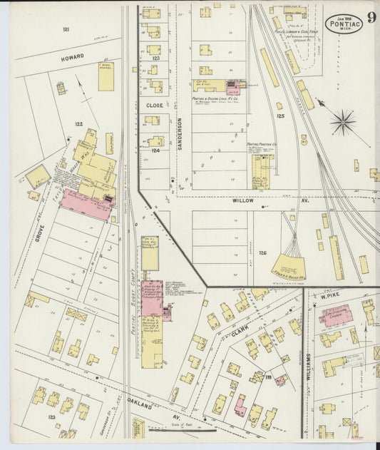 Sanborn Fire Insurance Map from Pontiac, Oakland County, Michigan (1898), Sheet #0009 - Historic Sanborn Fire Insurance Map Print, vintage old map wall art, antique decor, genealogy gift, Michigan Michigan map