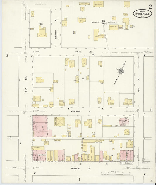 Sanborn Fire Insurance Map from Hartsville, Darlington County, South Carolina (1910), Sheet #0002 - Historic Sanborn Fire Insurance Map Print, vintage old map wall art, antique decor, genealogy gift, South Carolina South Carolina map