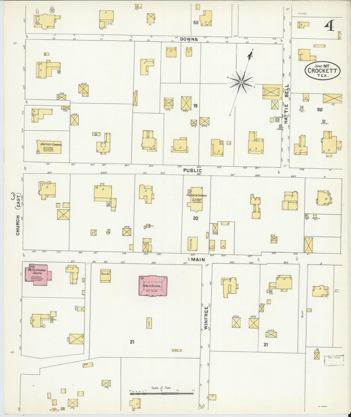 Sanborn Fire Insurance Map from Crockett, Houston County, Texas (1907), Sheet #0004 - Complete Map Set gallery image, historic Sanborn map, vintage wall art, Texas Texas