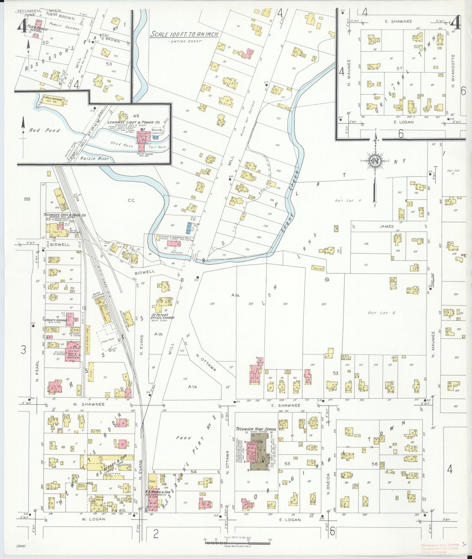 Sanborn Fire Insurance Map from Tecumseh, Lenawee County, Michigan (1935), Sheet #0004 - Historic Sanborn Fire Insurance Map Print, vintage old map wall art, antique decor, genealogy gift, Michigan Michigan map