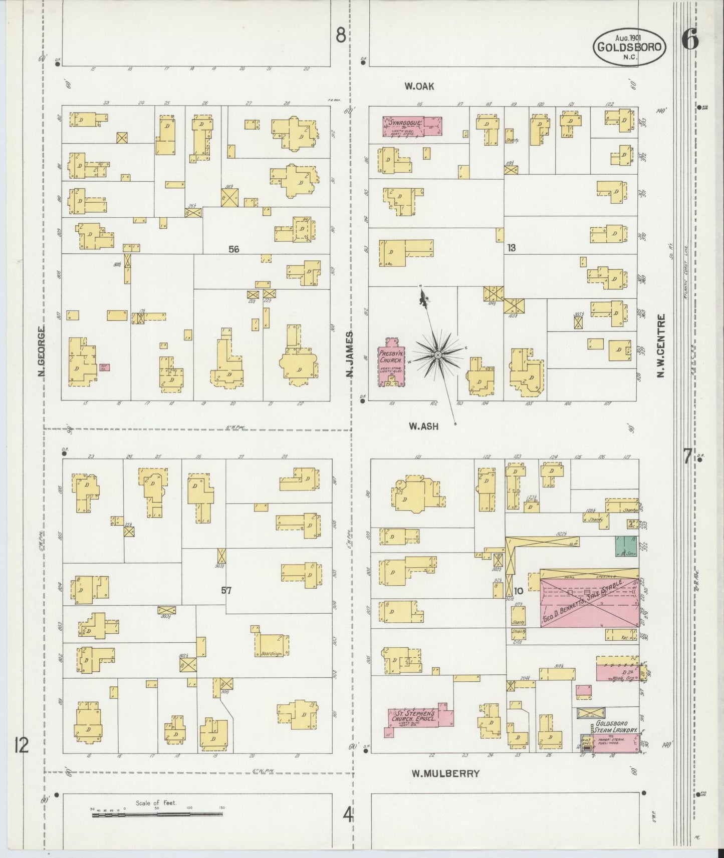 Sanborn Fire Insurance Map from Goldsboro, Wayne County, North Carolina (1901), Sheet #0006 - Historic Sanborn Fire Insurance Map Print, vintage old map wall art, antique decor, genealogy gift, North Carolina North Carolina map