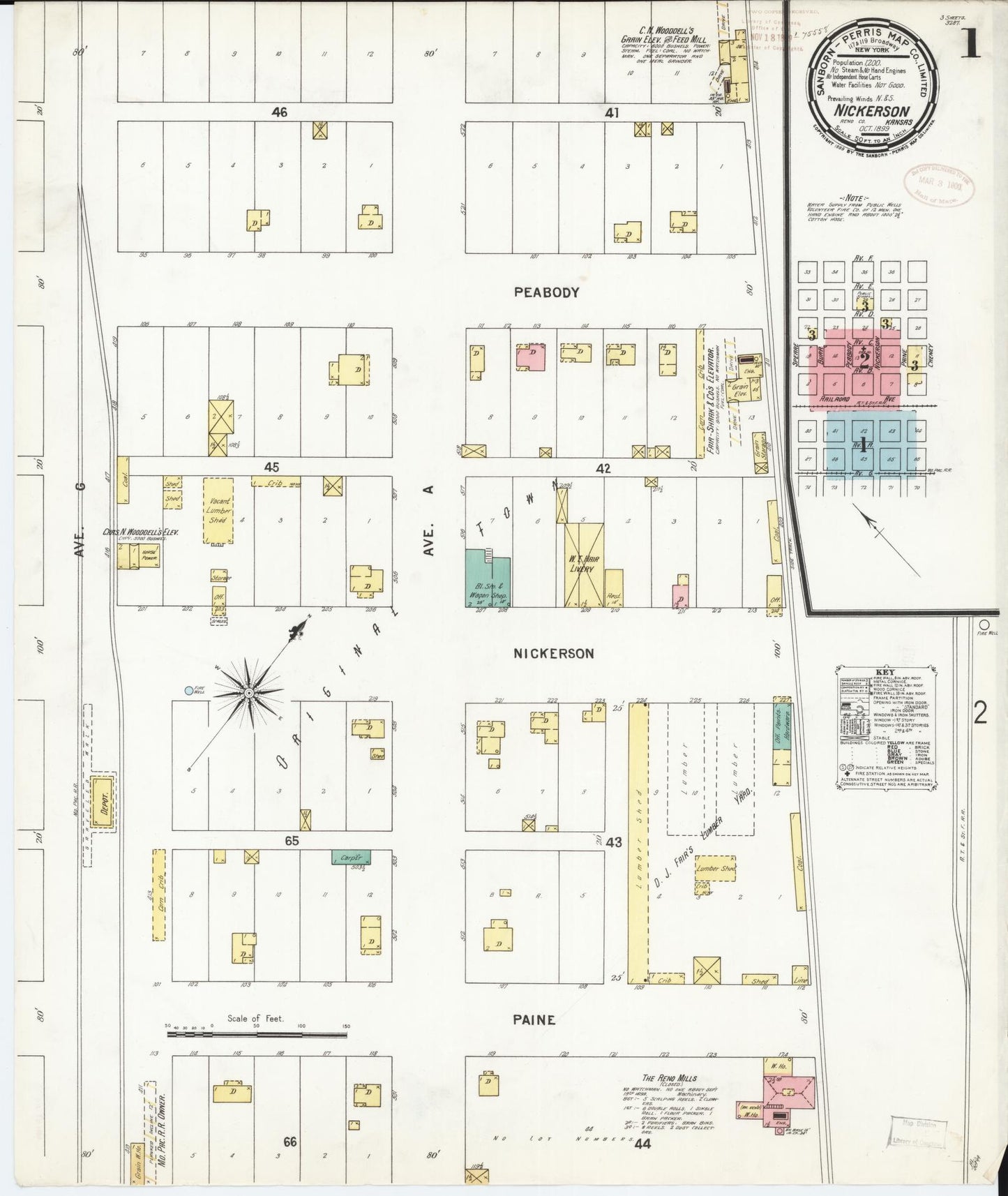 Sanborn Fire Insurance Map from Nickerson, Reno County, Kansas (1899), Sheet #0001 - Complete Map Set gallery image, historic Sanborn map, vintage wall art, Kansas Kansas