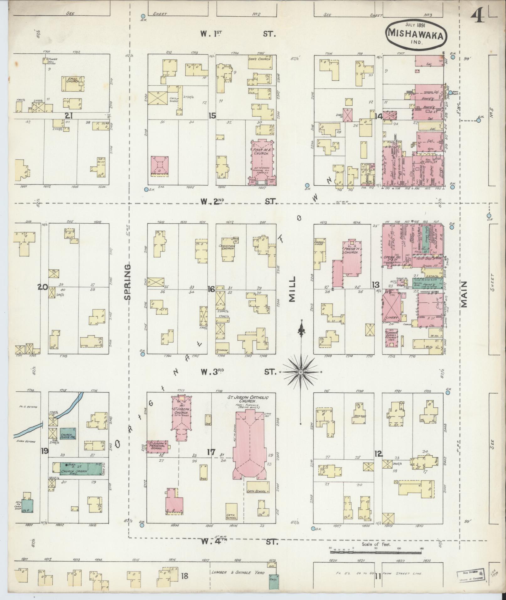 Sanborn Fire Insurance Map from Mishawaka, Saint Joseph County, Indiana (1891), Sheet #0004 - Complete Map Set gallery image, historic Sanborn map, vintage wall art, Indiana Indiana