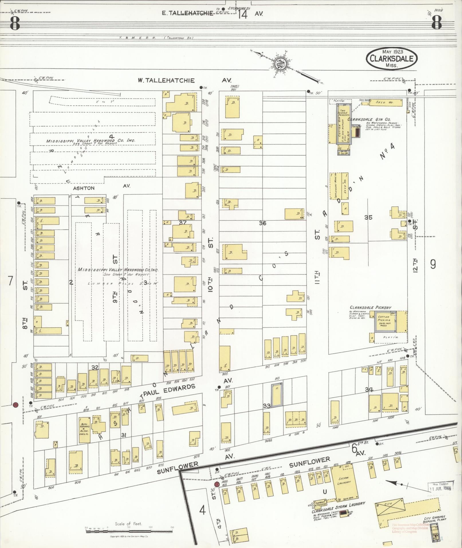 Sanborn Fire Insurance Map from Clarksdale, Coahoma County, Mississippi (1923), Sheet #0008 - Historic Sanborn Fire Insurance Map Print, vintage old map wall art, antique decor, genealogy gift, Mississippi Mississippi map