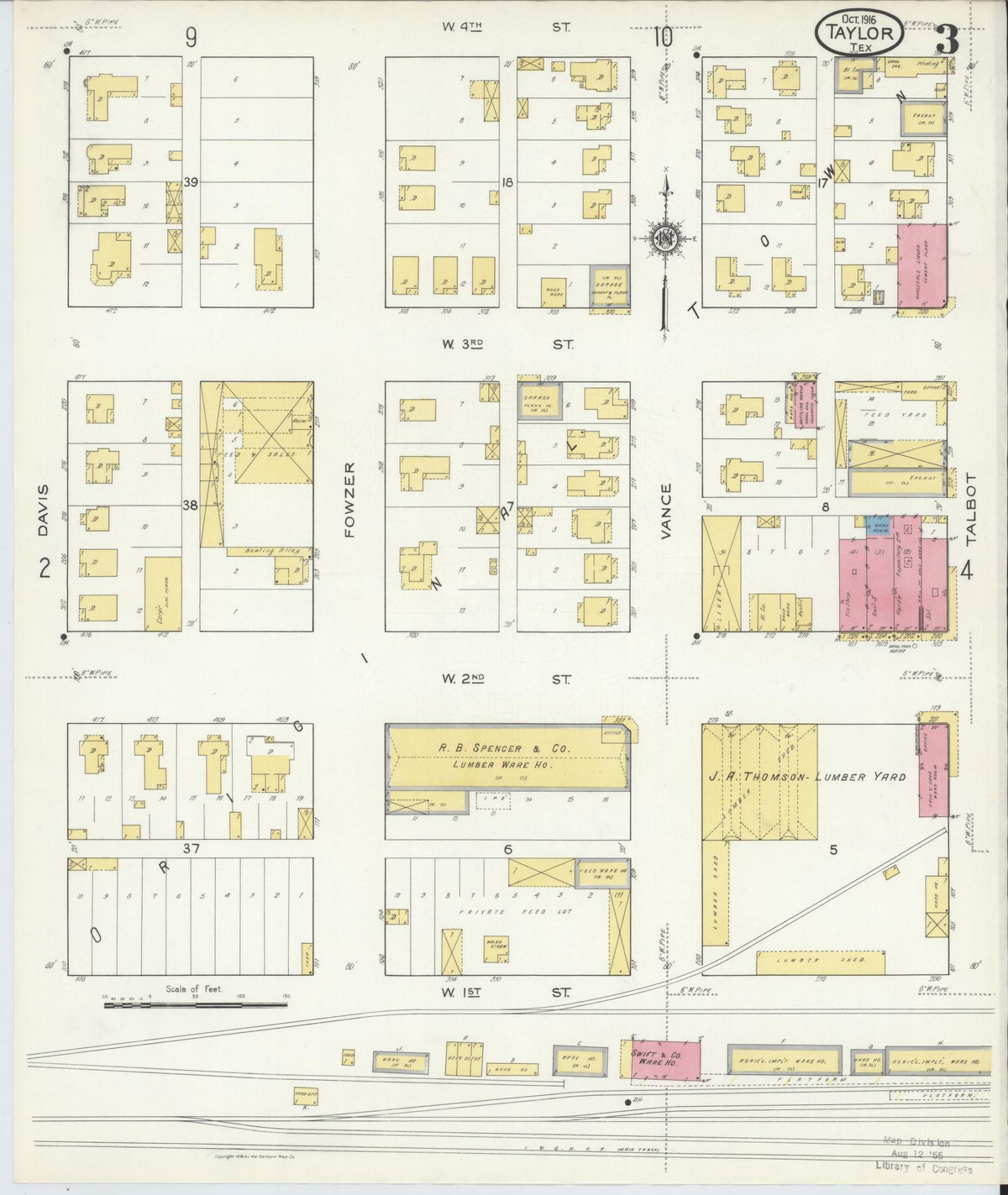 Sanborn Fire Insurance Map from Taylor, Williamson County, Texas (1916), Sheet #0003 - Historic Sanborn Fire Insurance Map Print, vintage old map wall art, antique decor, genealogy gift, Texas Texas map