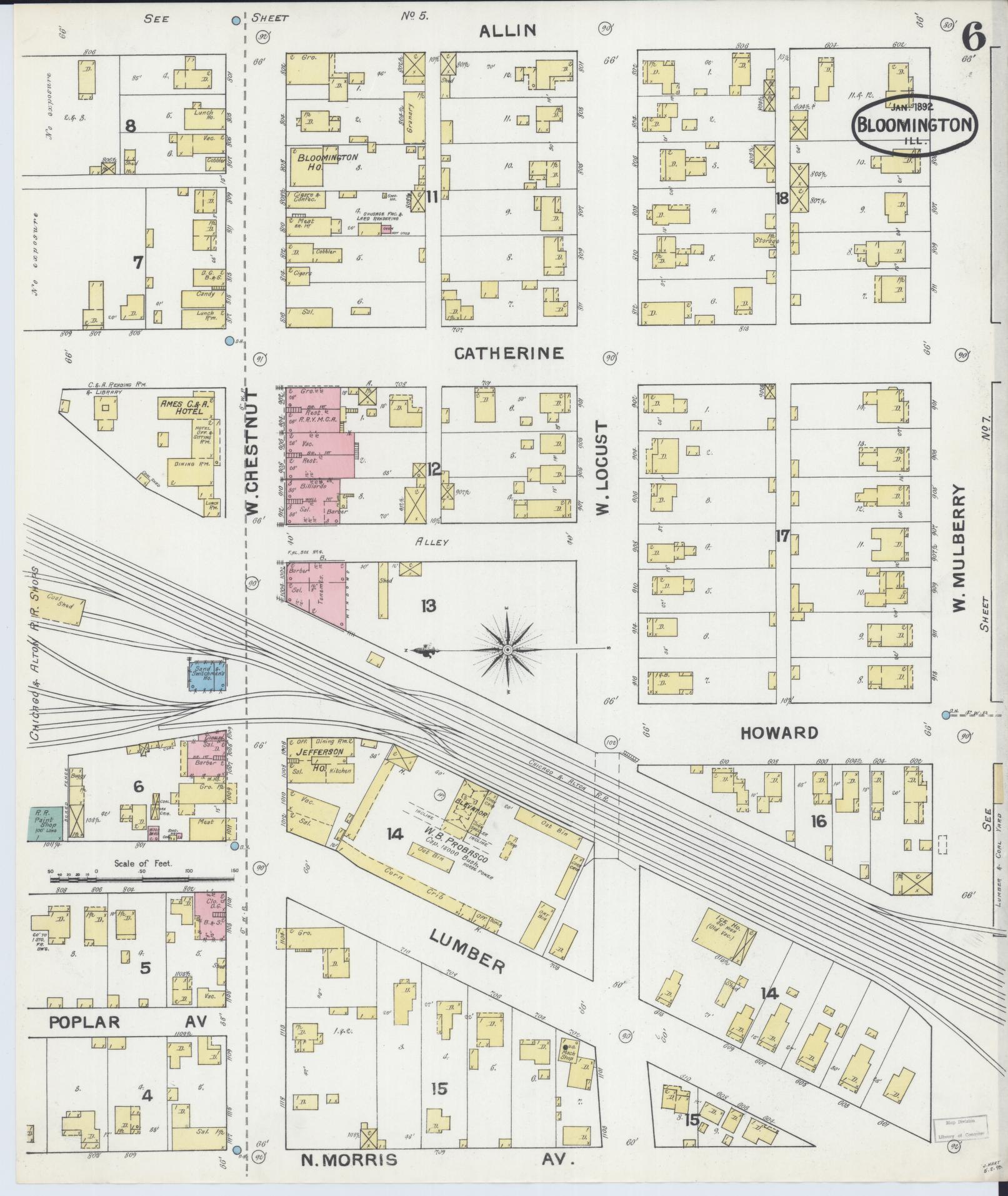 Sanborn Fire Insurance Map from Bloomington, McLean County, Illinois (1892), Sheet #0006 - Complete Map Set gallery image, historic Sanborn map, vintage wall art, Illinois Illinois