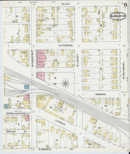 Sanborn Fire Insurance Map from Bloomington, McLean County, Illinois (1892), Sheet #0006 - Complete Map Set gallery image, historic Sanborn map, vintage wall art, Illinois Illinois