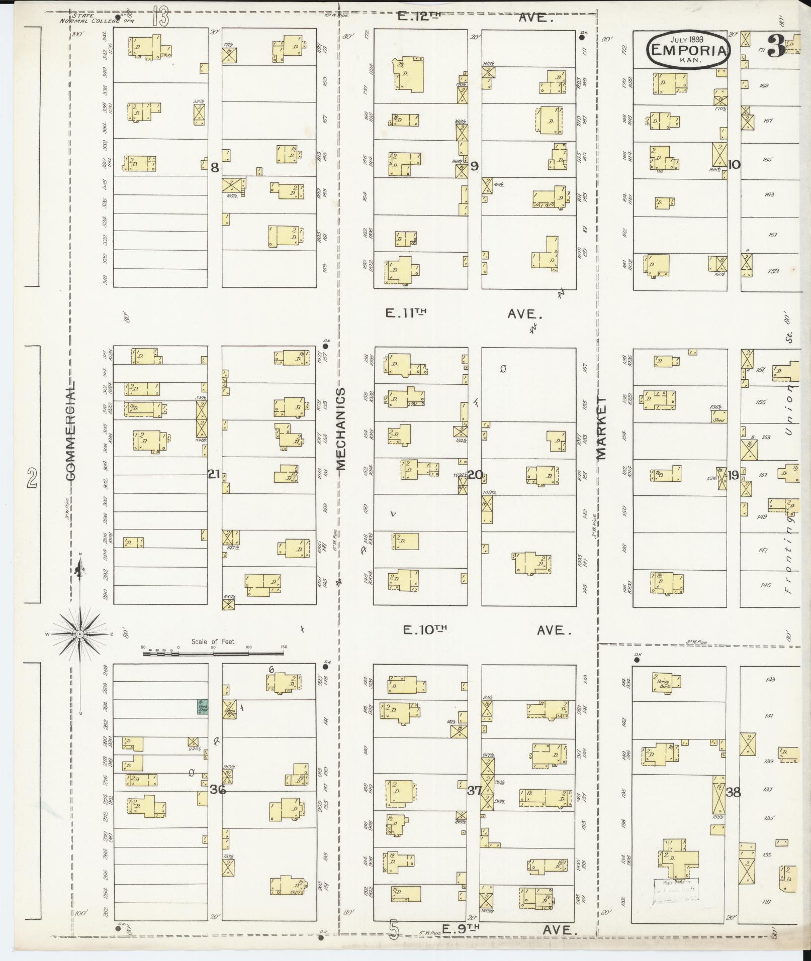 Sanborn Fire Insurance Map from Emporia, Lyon County, Kansas (1893), Sheet #0003 - Complete Map Set gallery image, historic Sanborn map, vintage wall art, Kansas Kansas