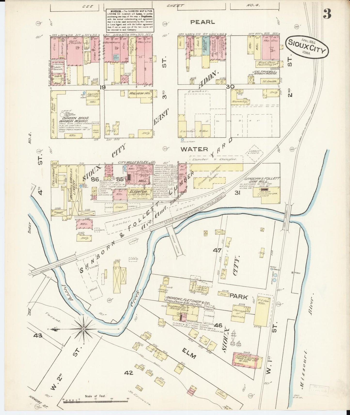 Sanborn Fire Insurance Map from Sioux City, Woodbury County, Iowa (1884), Sheet #0003 - Historic Sanborn Fire Insurance Map Print, vintage old map wall art