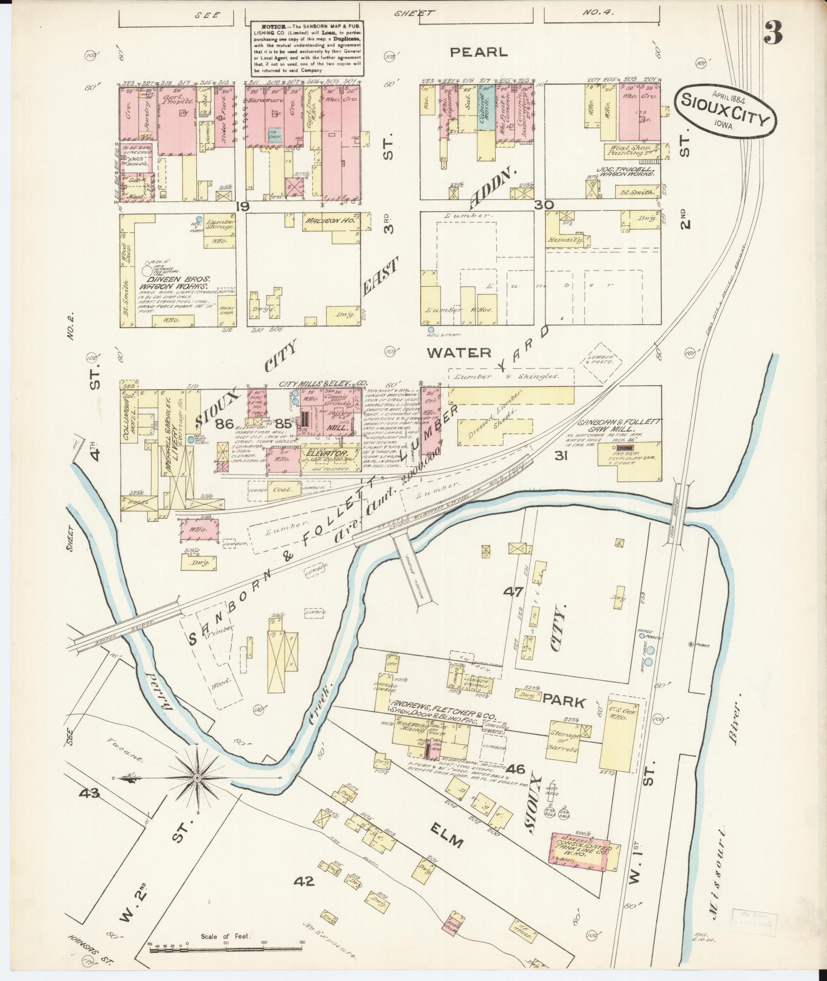 Sanborn Fire Insurance Map from Sioux City, Woodbury County, Iowa (1884), Sheet #0003 - Historic Sanborn Fire Insurance Map Print, vintage old map wall art