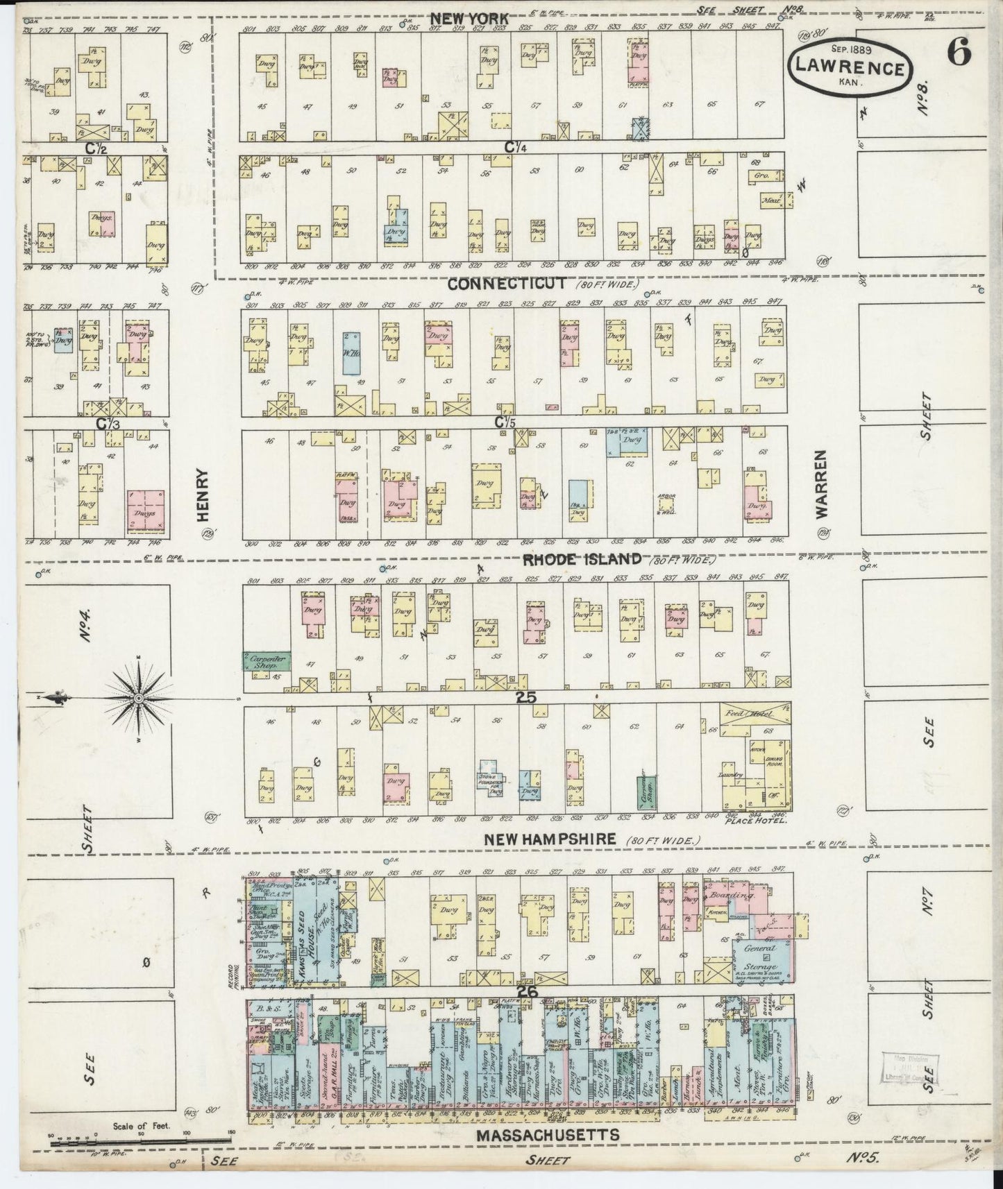 Sanborn Fire Insurance Map from Lawrence, Douglas County, Kansas (1889), Sheet #0006 - Complete Map Set gallery image, historic Sanborn map, vintage wall art, Kansas Kansas