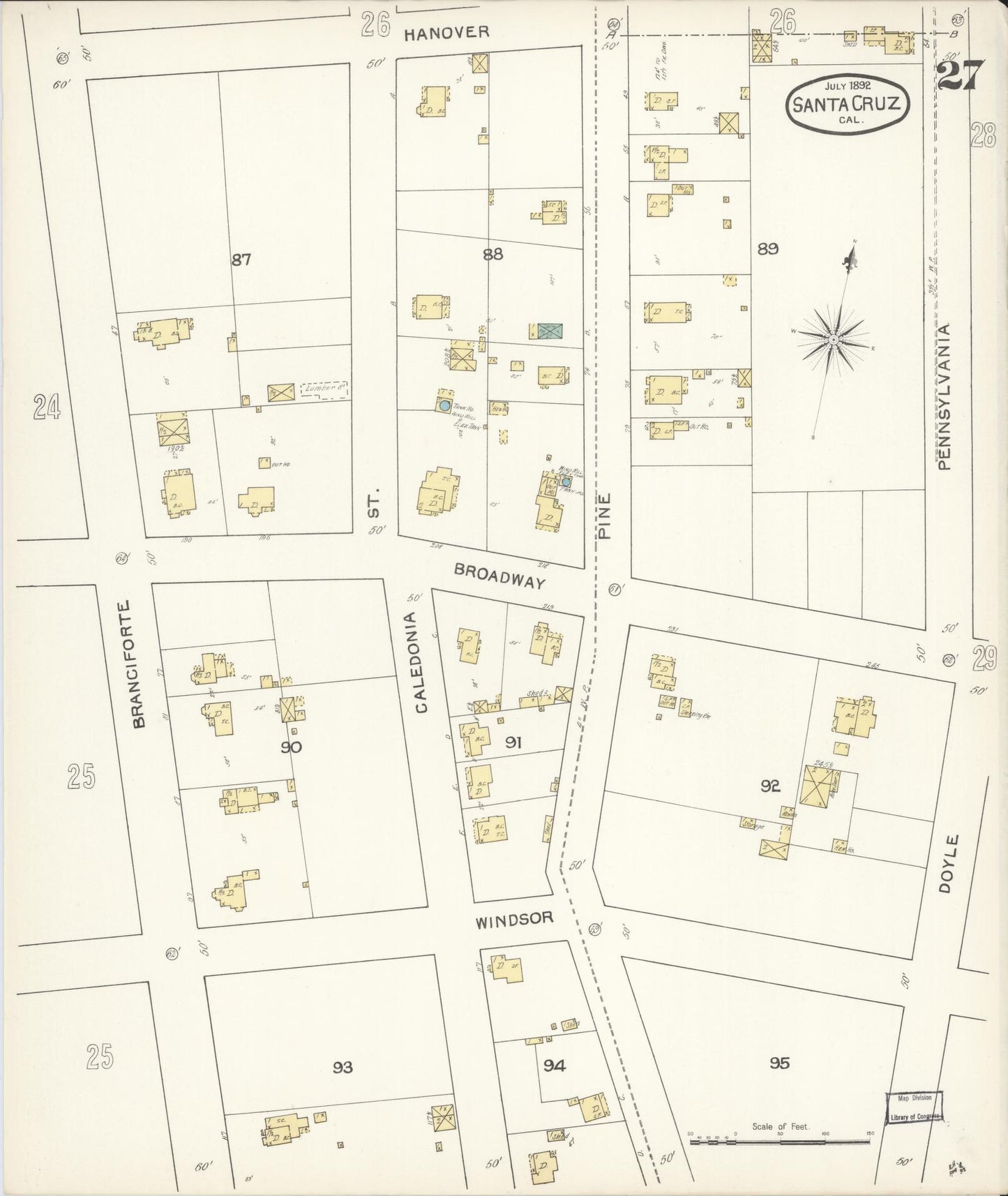 Sanborn Fire Insurance Map from Santa Cruz, Santa Cruz County, California (1892), Sheet #0027 - Complete Map Set gallery image, historic Sanborn map, vintage wall art, California California