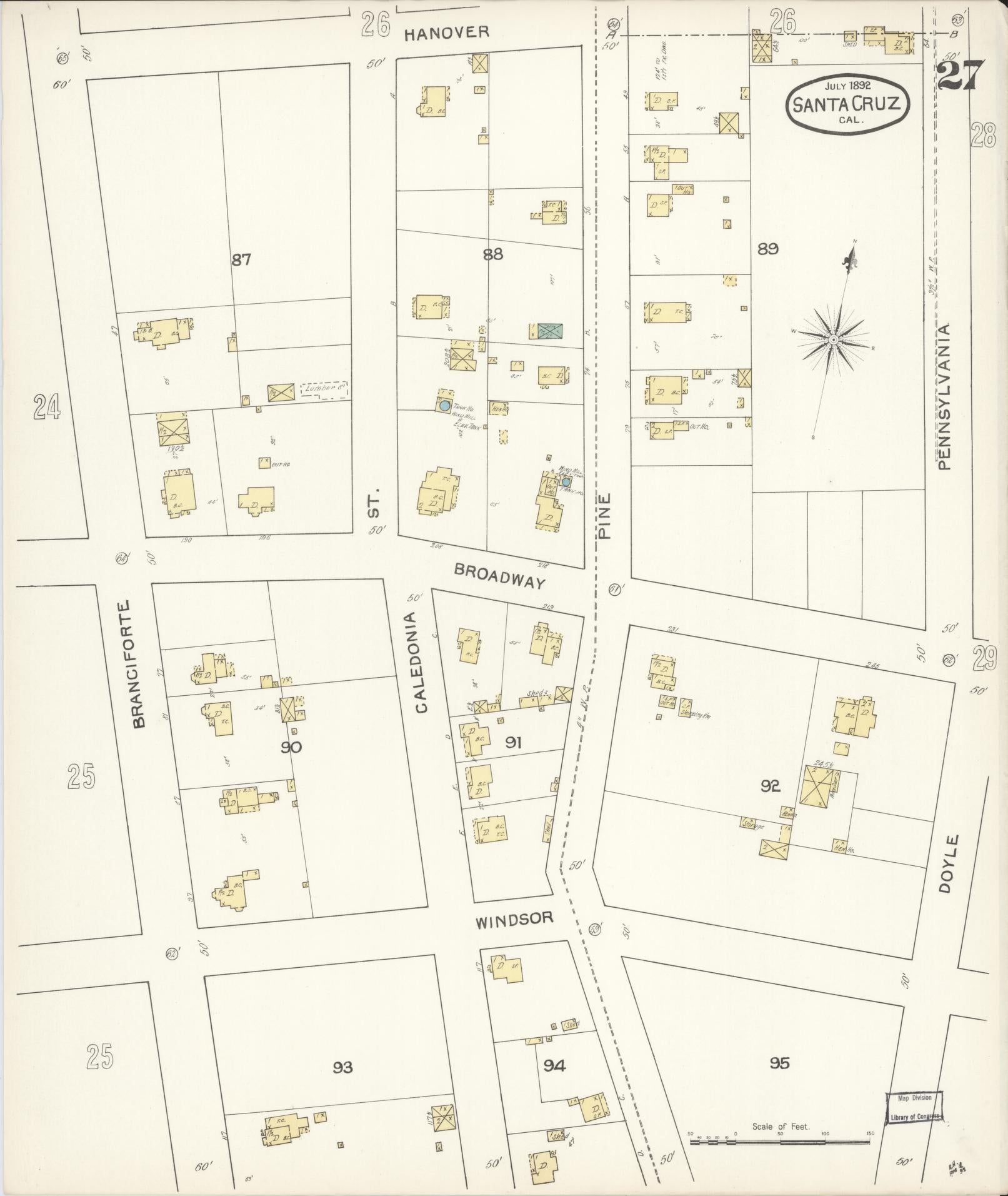 Sanborn Fire Insurance Map from Santa Cruz, Santa Cruz County, California (1892), Sheet #0027 - Complete Map Set gallery image, historic Sanborn map, vintage wall art, California California