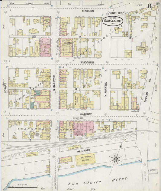 Sanborn Fire Insurance Map from Eau Claire, Eau Claire County, Wisconsin (1889), Sheet #0006 - Historic Sanborn Fire Insurance Map Print, vintage old map wall art, antique decor, genealogy gift, Wisconsin Wisconsin map