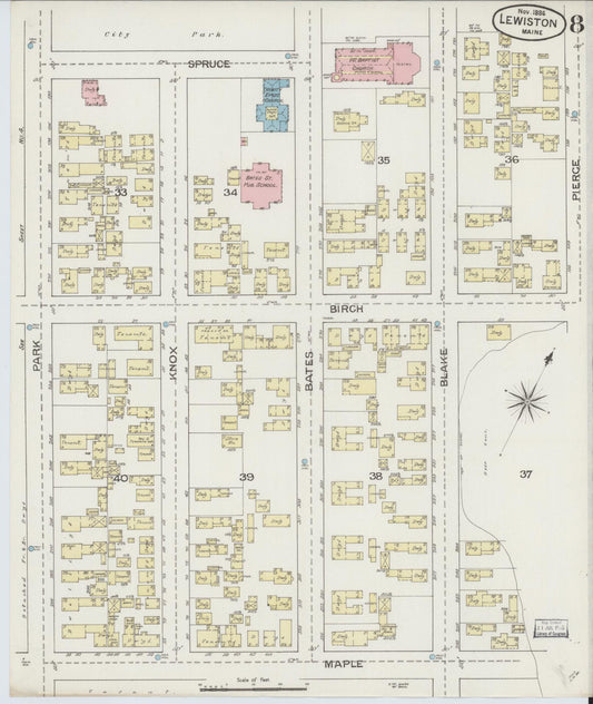 Sanborn Fire Insurance Map from Lewiston, Androscoggin County, Maine (1886), Sheet #0008 - Historic Sanborn Fire Insurance Map Print, vintage old map wall art, antique decor, genealogy gift, Maine Maine map