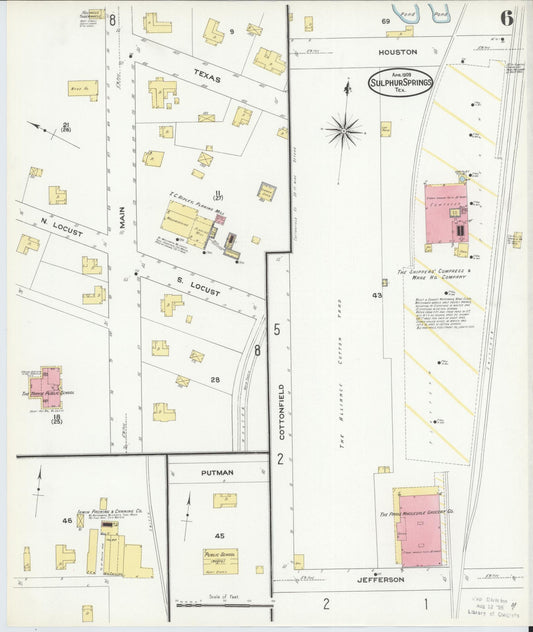 Sanborn Fire Insurance Map from Sulphur Springs, Hopkins County, Texas (1909), Sheet #0006 - Historic Sanborn Fire Insurance Map Print, vintage old map wall art, antique decor, genealogy gift, Texas Texas map